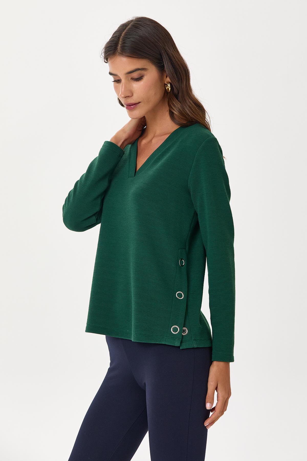 V Yaka Yanı Çıtçıtlı Triko Bluz 245-1706