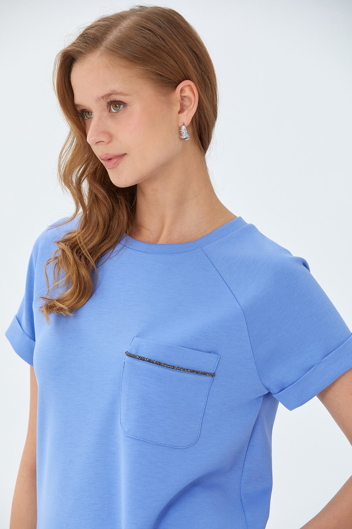 Yuvarlak Yaka Cep Detaylı Duble Kol S-Shirt 026-2116