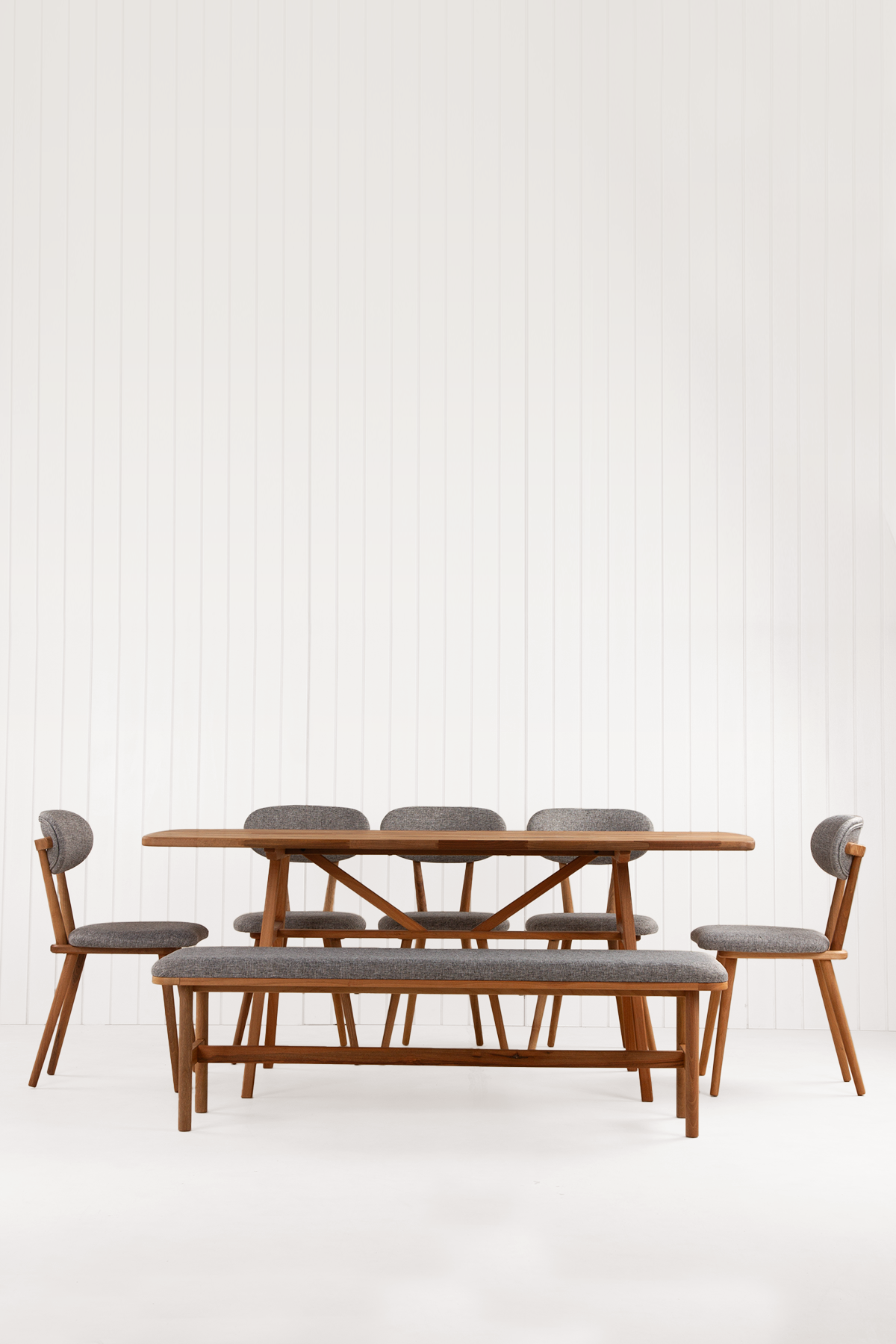 8 Kişilik Slim Masif Ceviz Masa, Limbo Sandalye ve Alaçatı Bench, Yemek Masası Takımı 180x80 cm