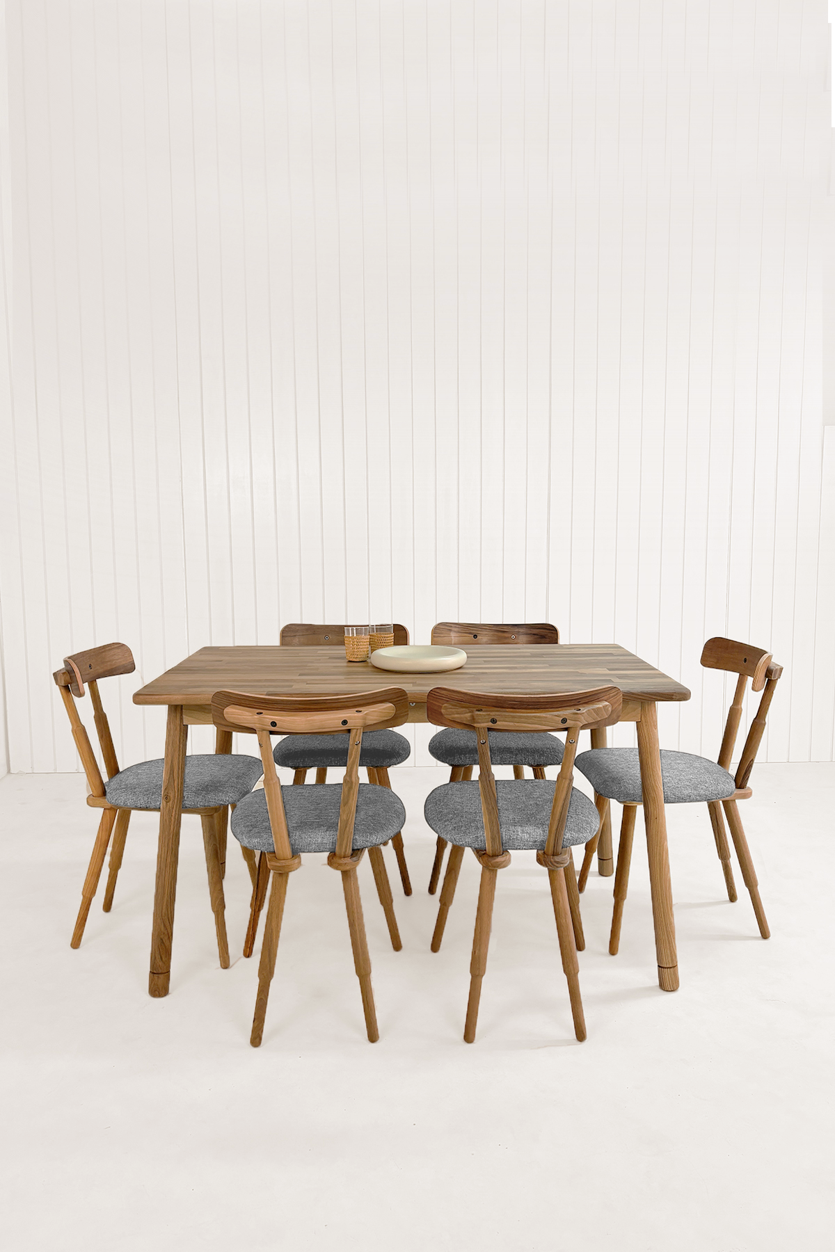 Alaçatı Masif Ceviz Masa Takımı, 6 Adet Nesrin Ceviz Sandalye - 130x80 cm