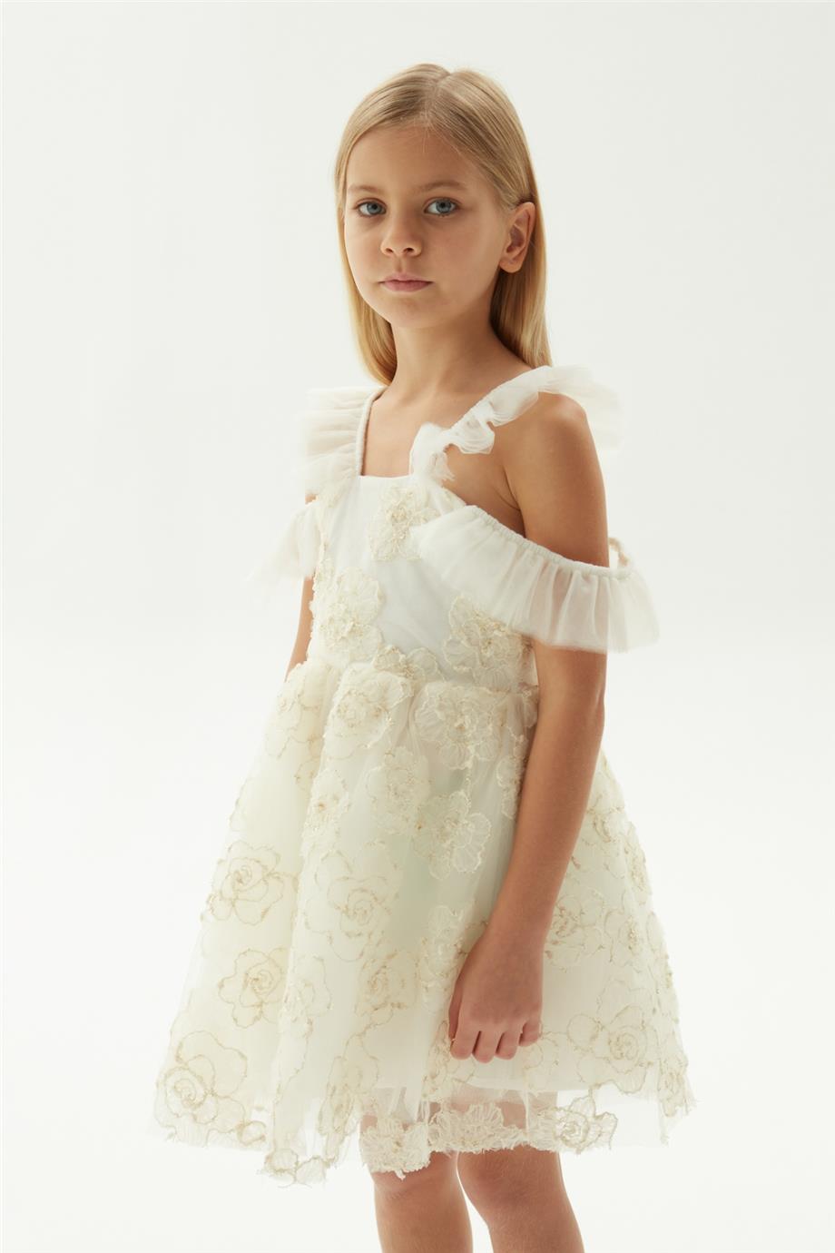 Tyess Kız Çocuk Ekru Elbise