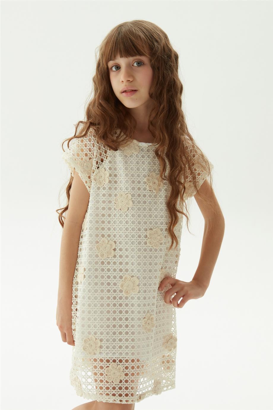 Tyess Kız Çocuk Ekru Elbise