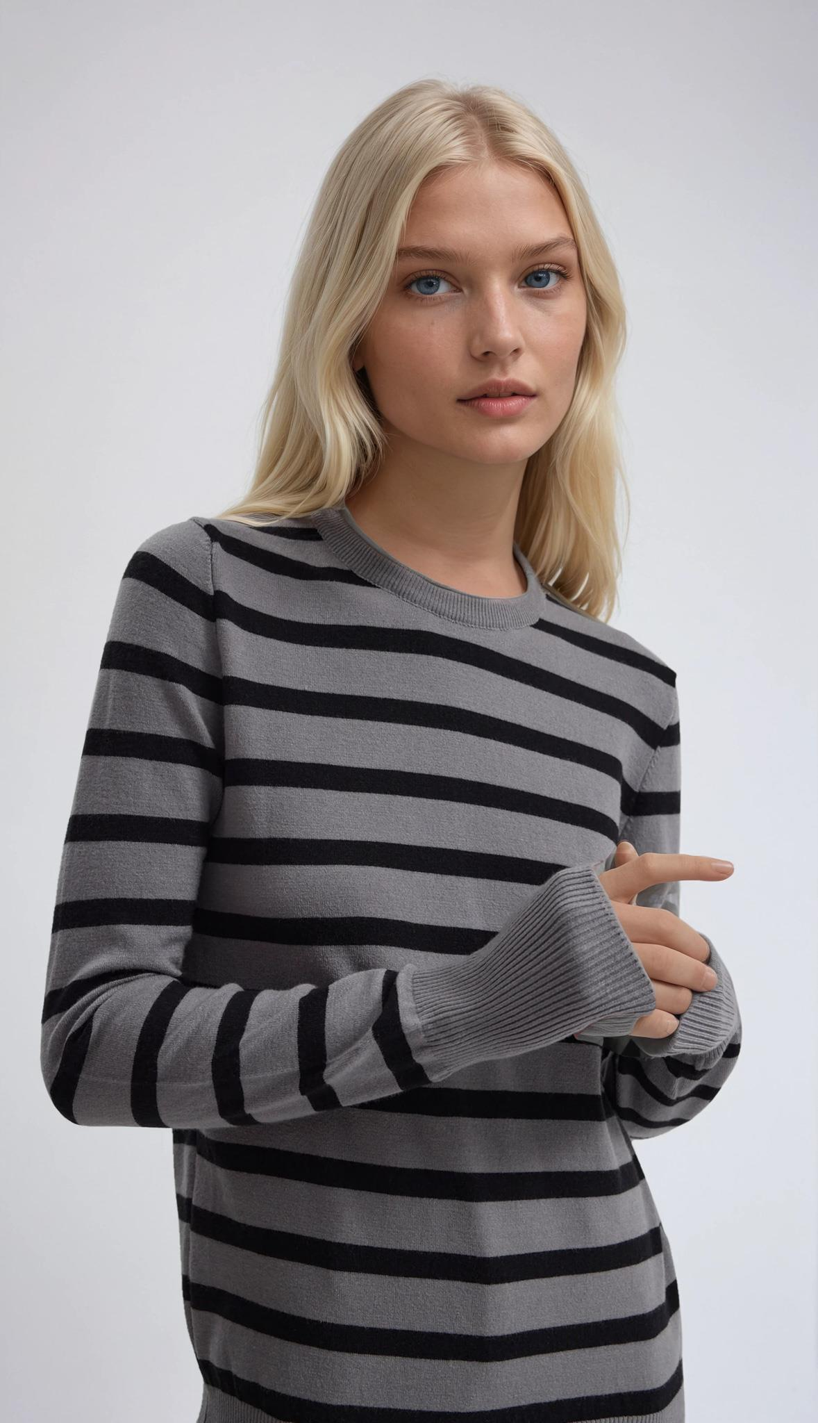 S6K1410FMBisiklet Yaka Çizgili Basic Triko Kazak 1410
