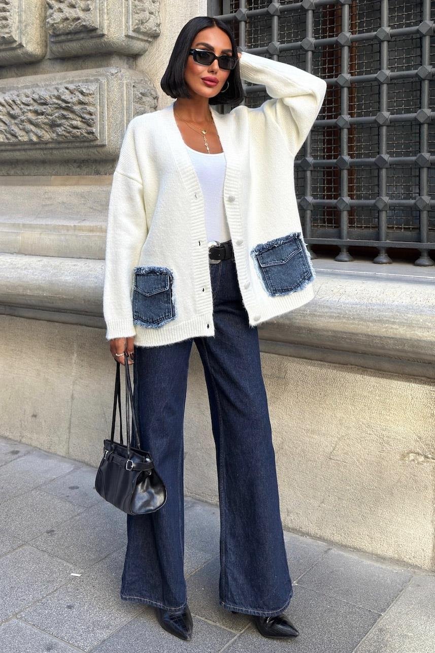 S6K5187Blanc Denim Detaylı Triko Hırka 5187