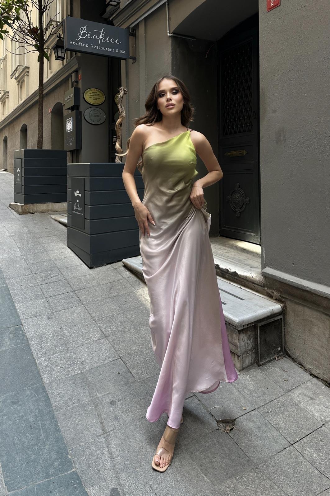 S4Y2613Carol Tek Omuz Saten Elbise 2613