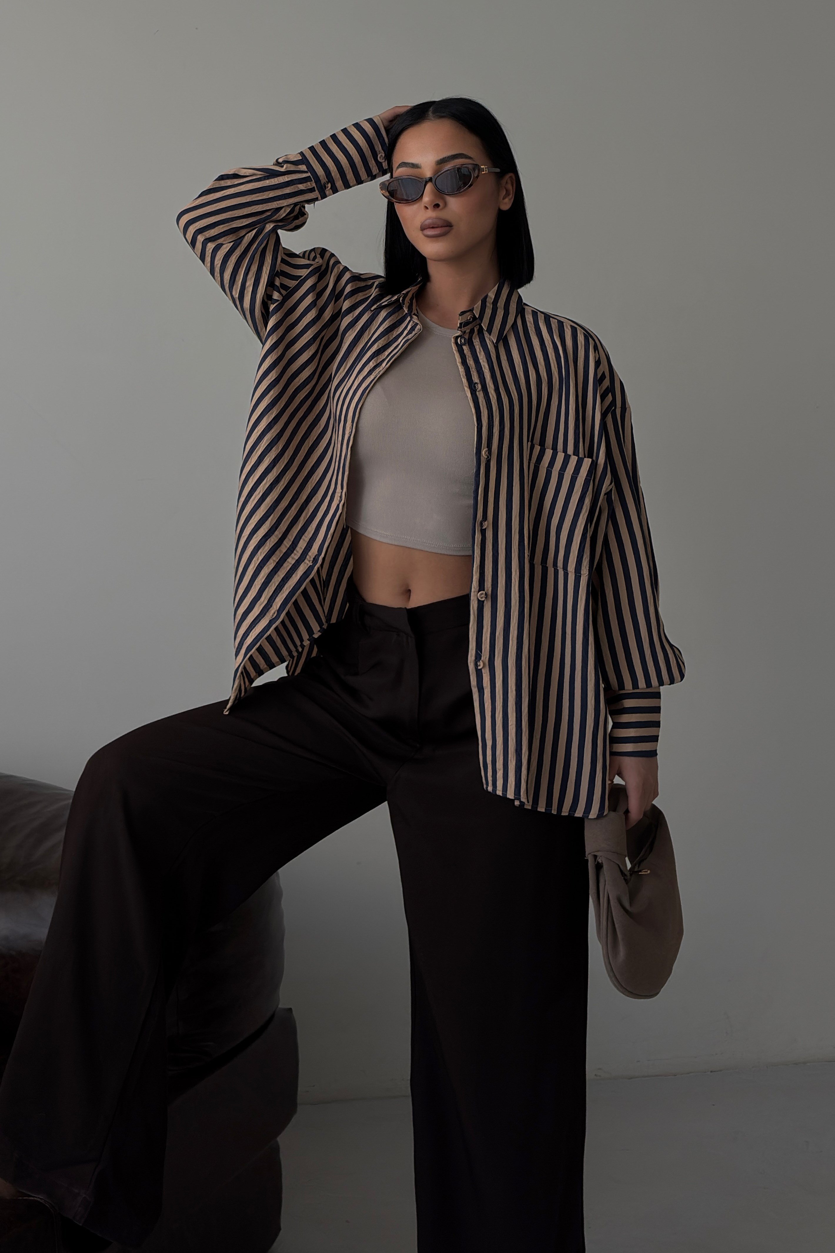 S6Y3504DKÇizgili Oversize Basic Gömlek 3504