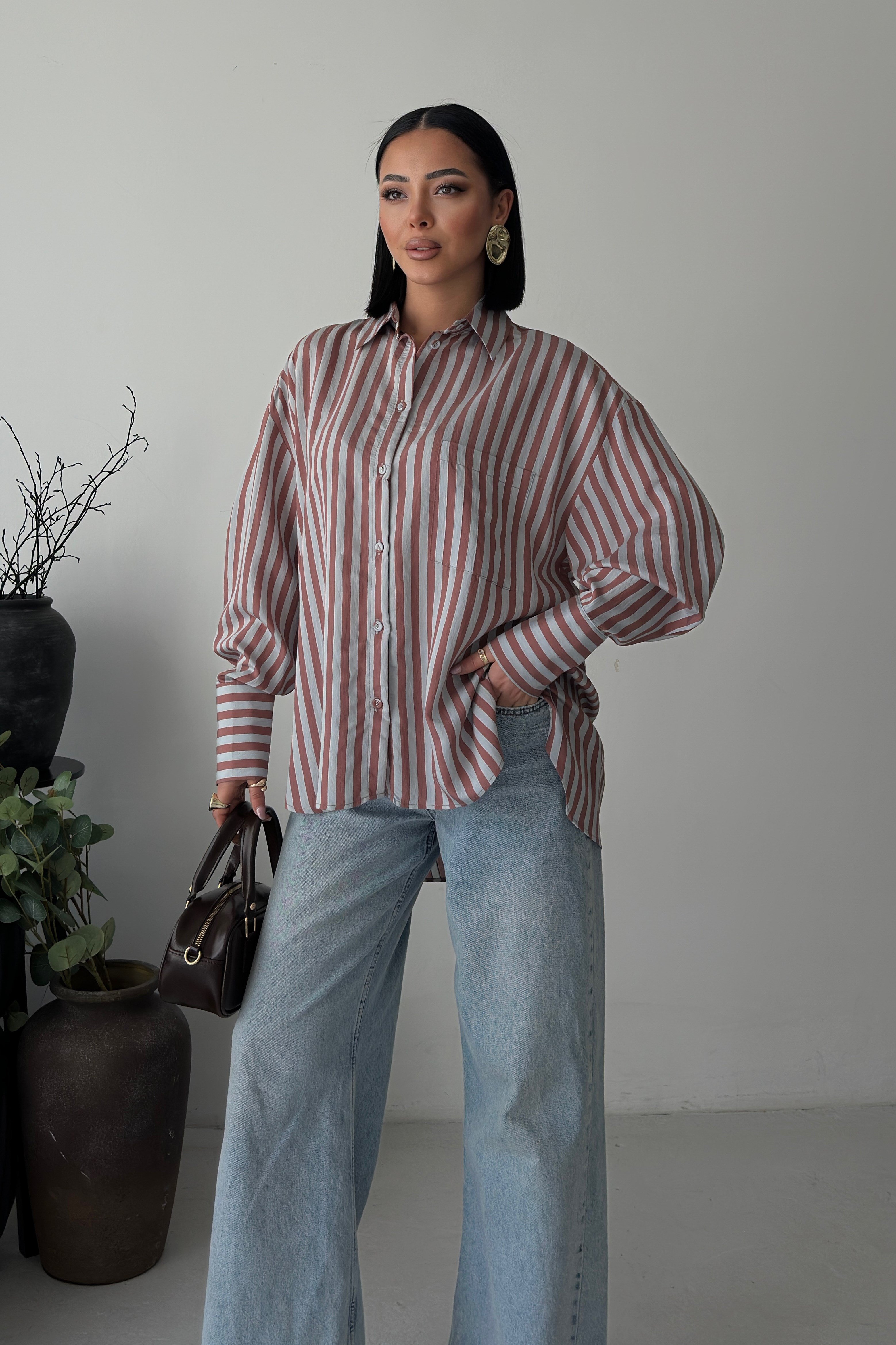 S6Y3504DKÇizgili Oversize Basic Gömlek 3504