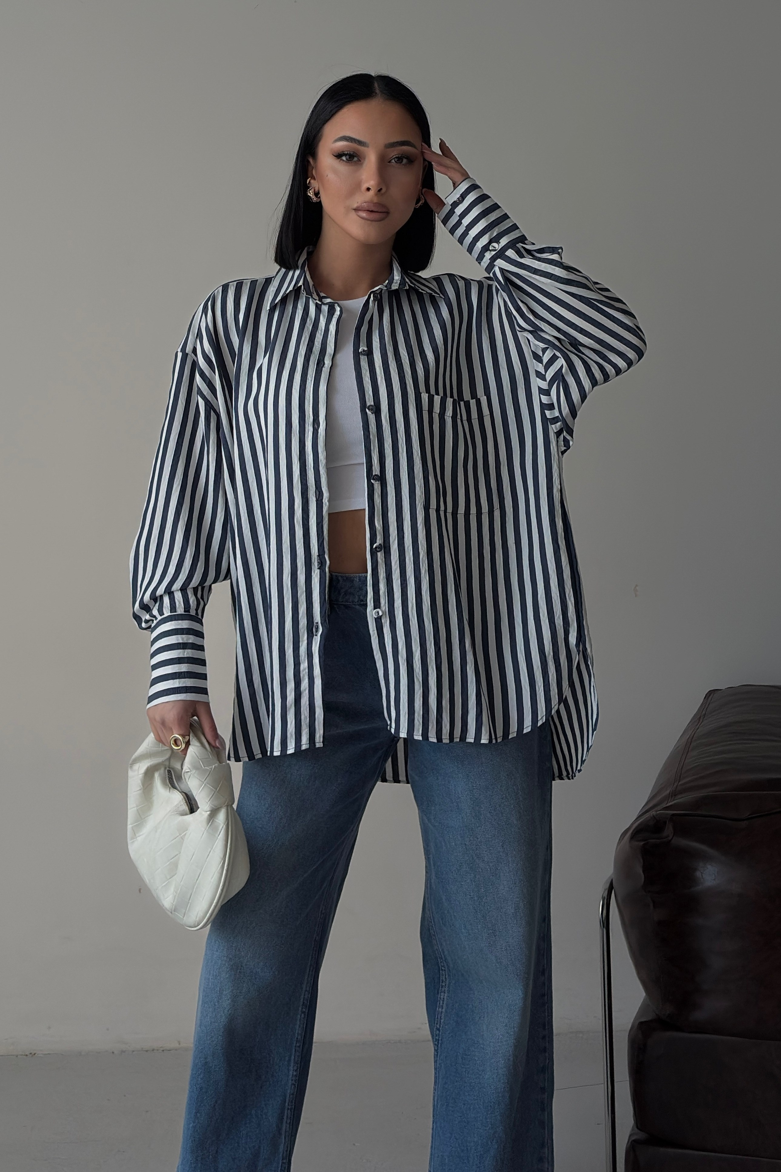 S6Y3504DKÇizgili Oversize Basic Gömlek 3504