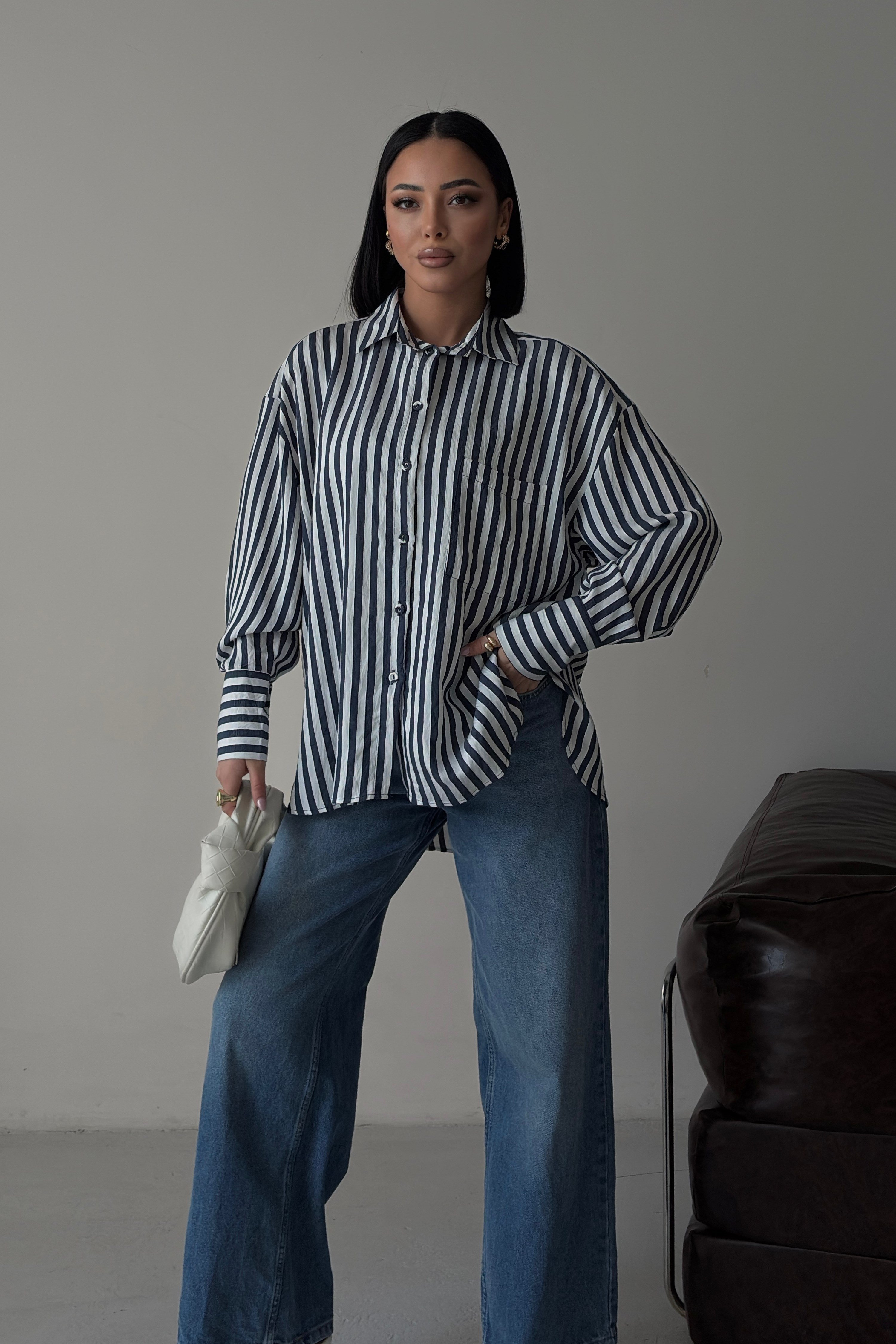 S6Y3504DKÇizgili Oversize Basic Gömlek 3504