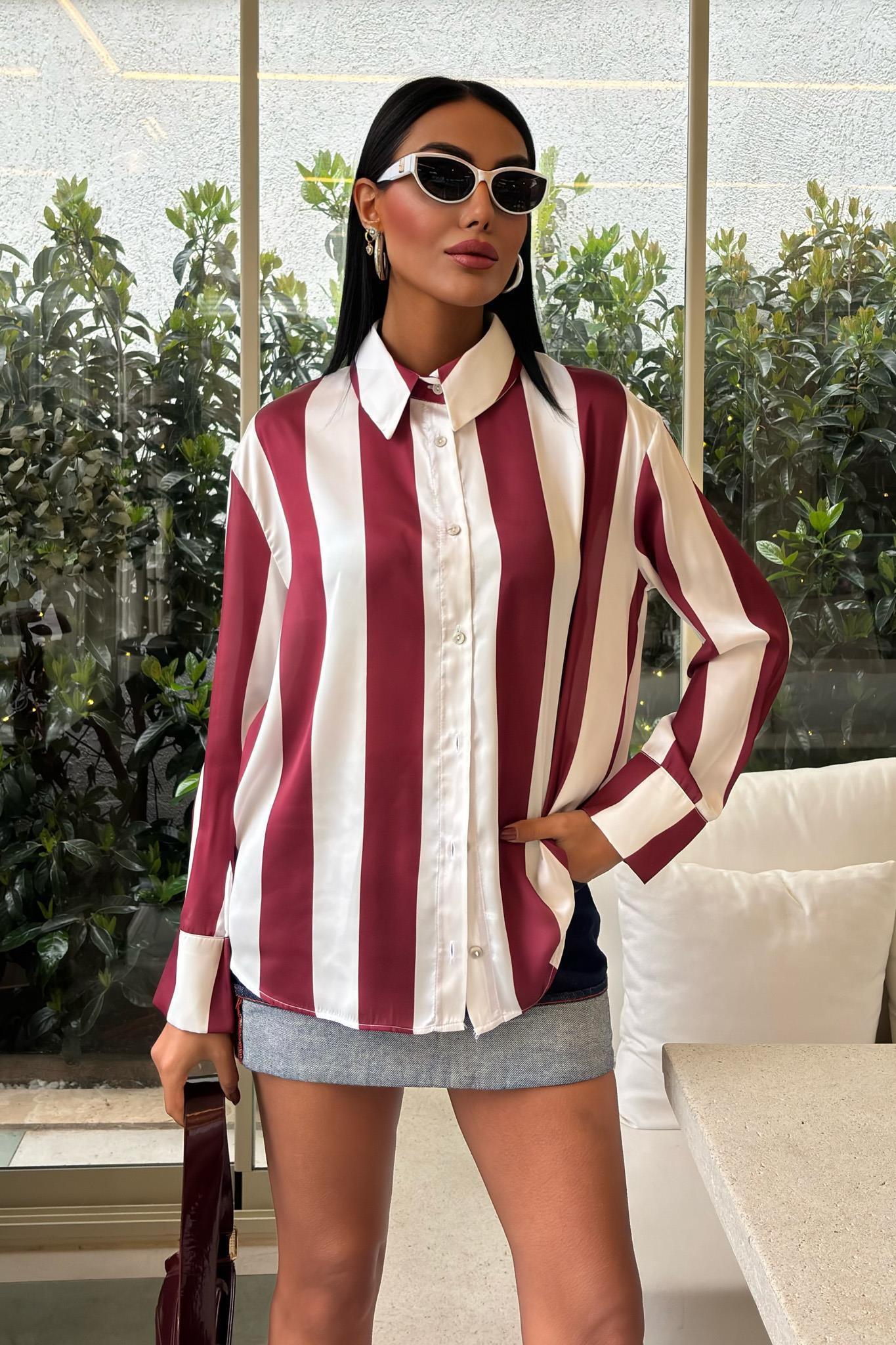S5Y3428Çubuk Çizgili Şifon Saten Gömlek 3428