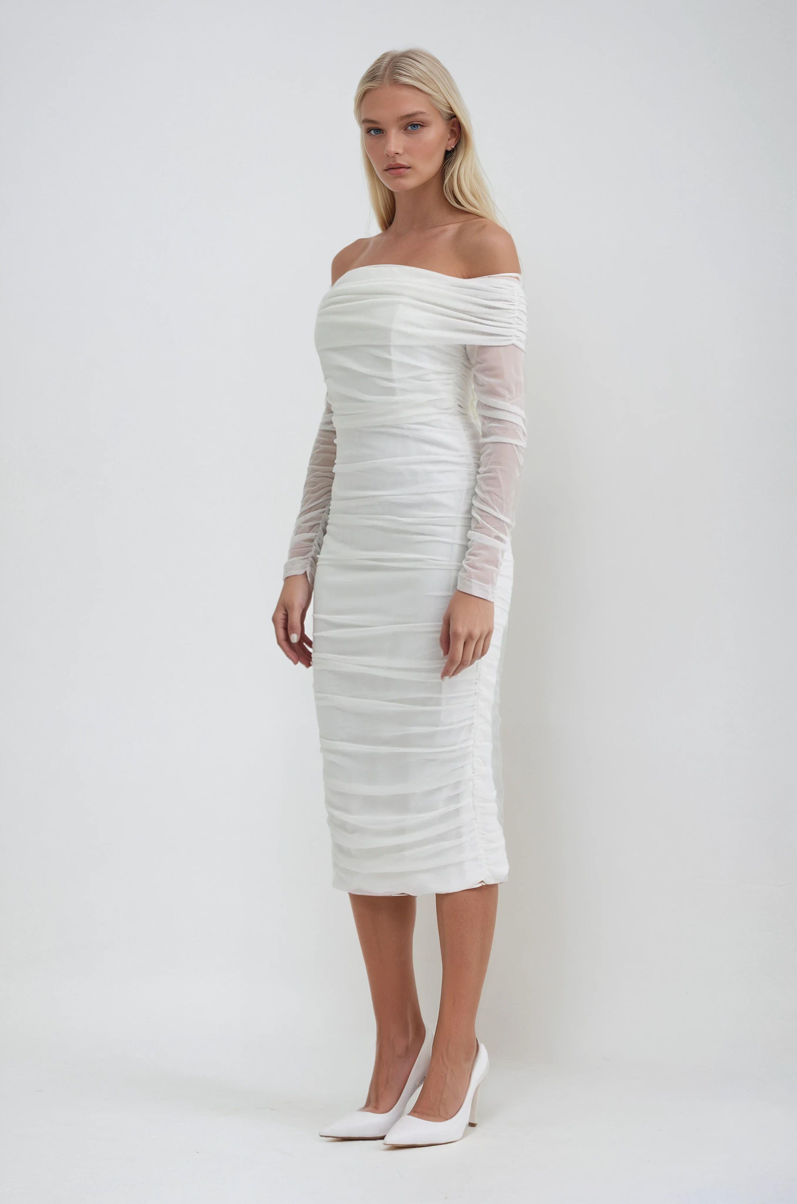 S6K2939Drape Detaylı Midi Tül Elbise 2939