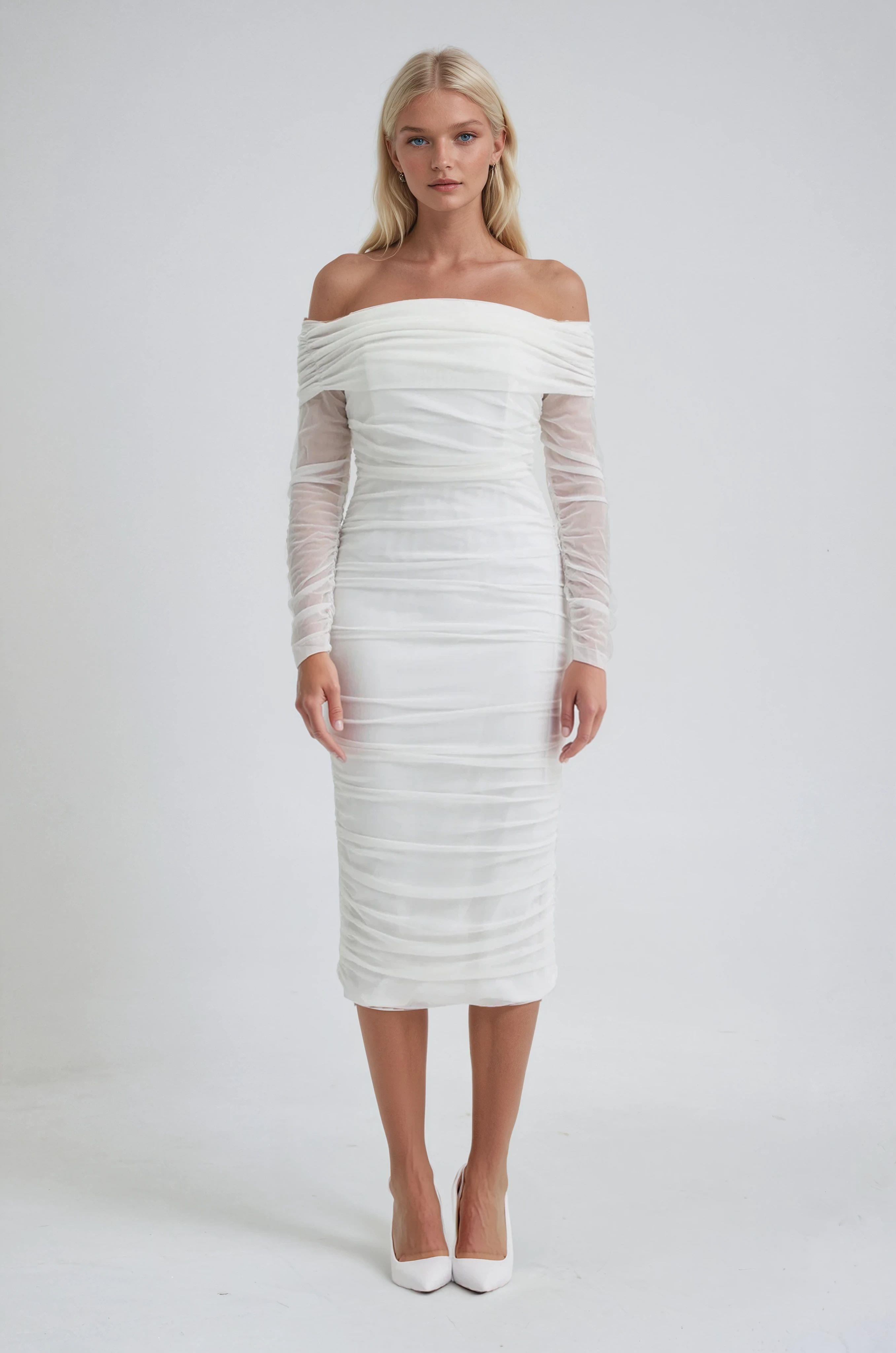 S6K2939Drape Detaylı Midi Tül Elbise 2939