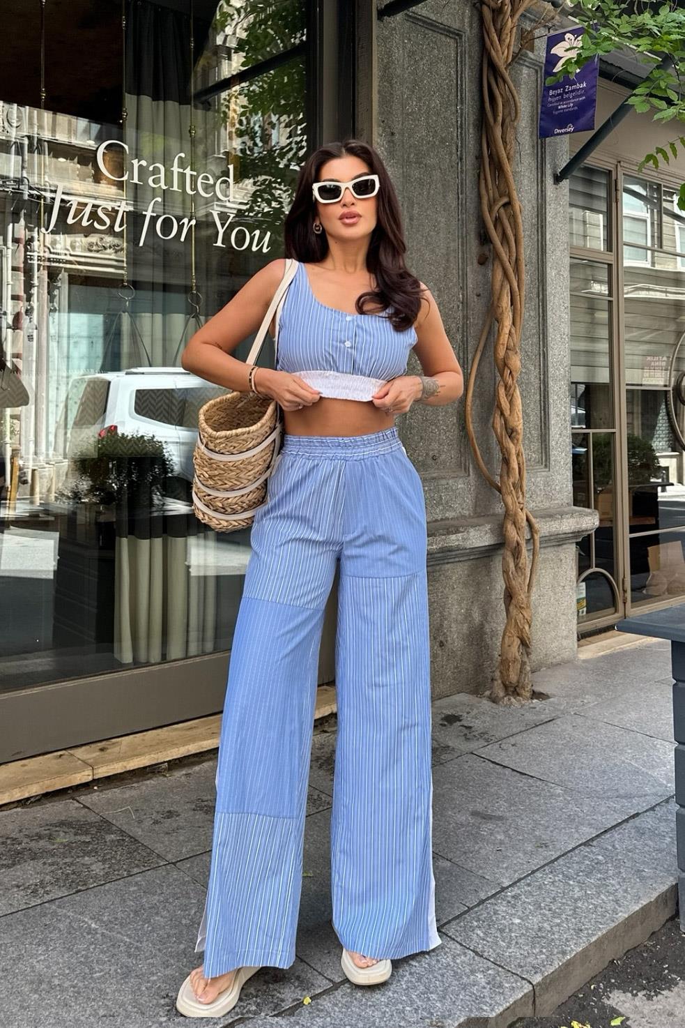S4Y9804Elise Çizgili Yırtmaç Detaylı Takım 9804-0025