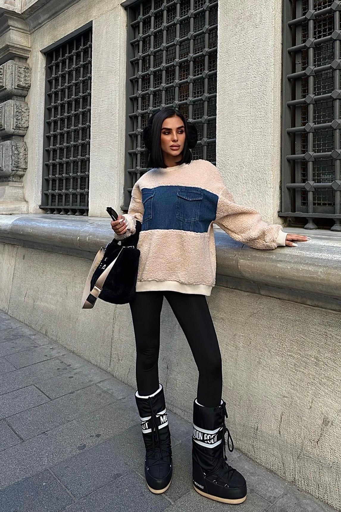 S5K3402Göğsü Denim Garnili Sweatshirt 3402