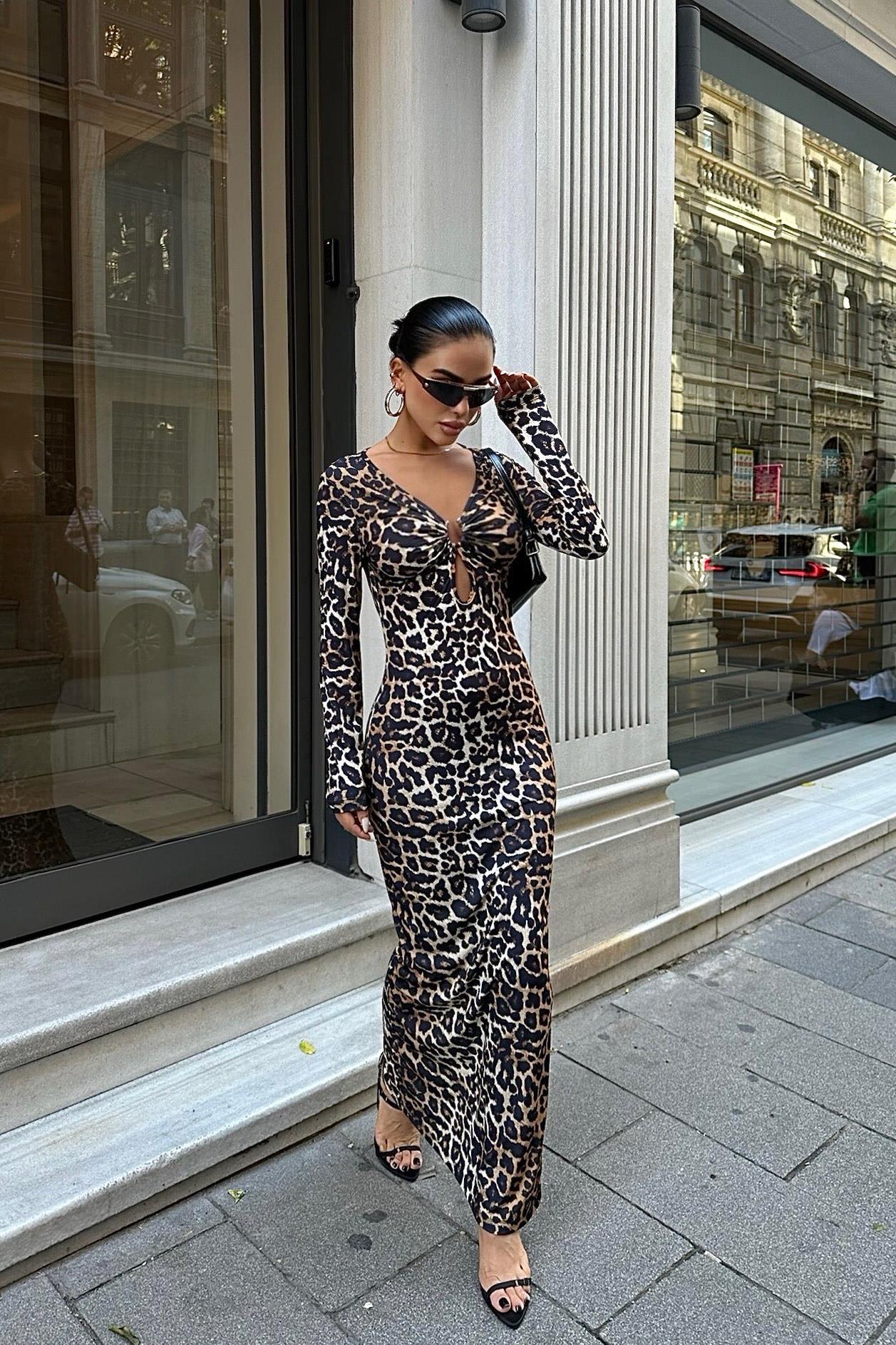 S5K2823Halka Detaylı Leopar Desen Elbise 2823