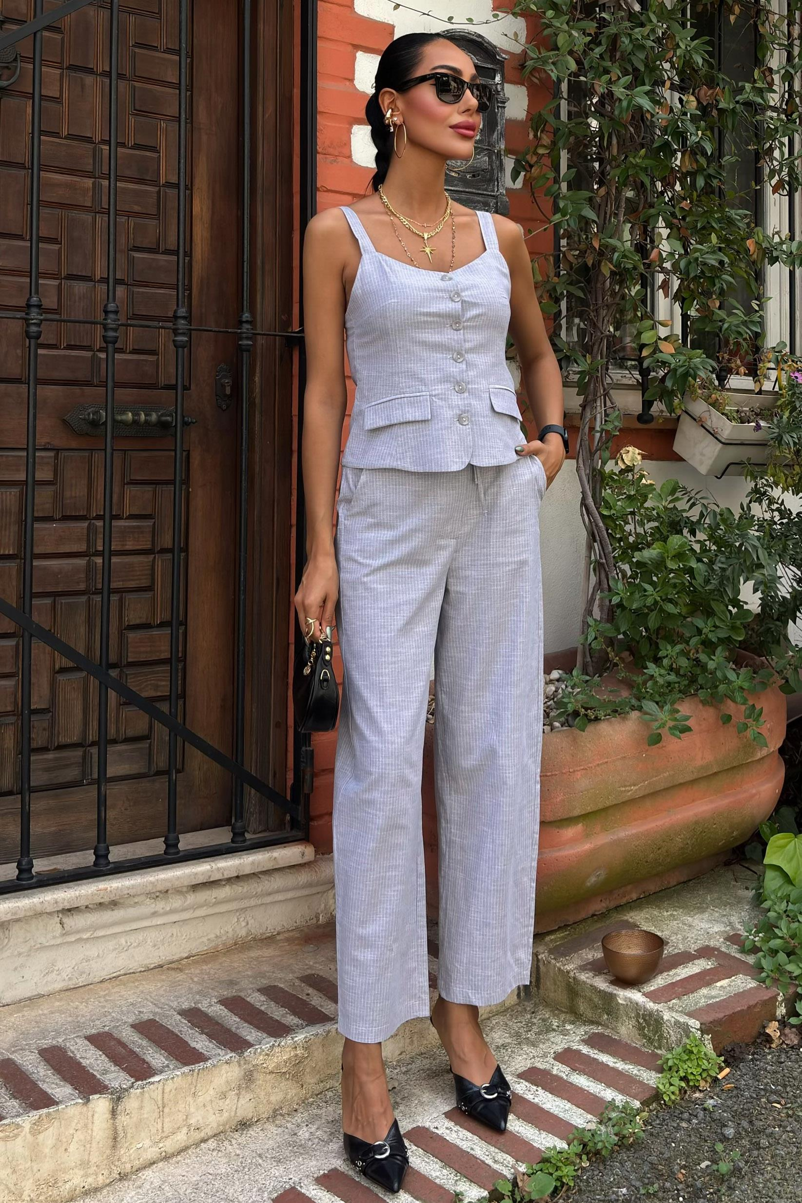 S5Y10187Kalın Askılı Bluz Pantolon Keten Takım 10187