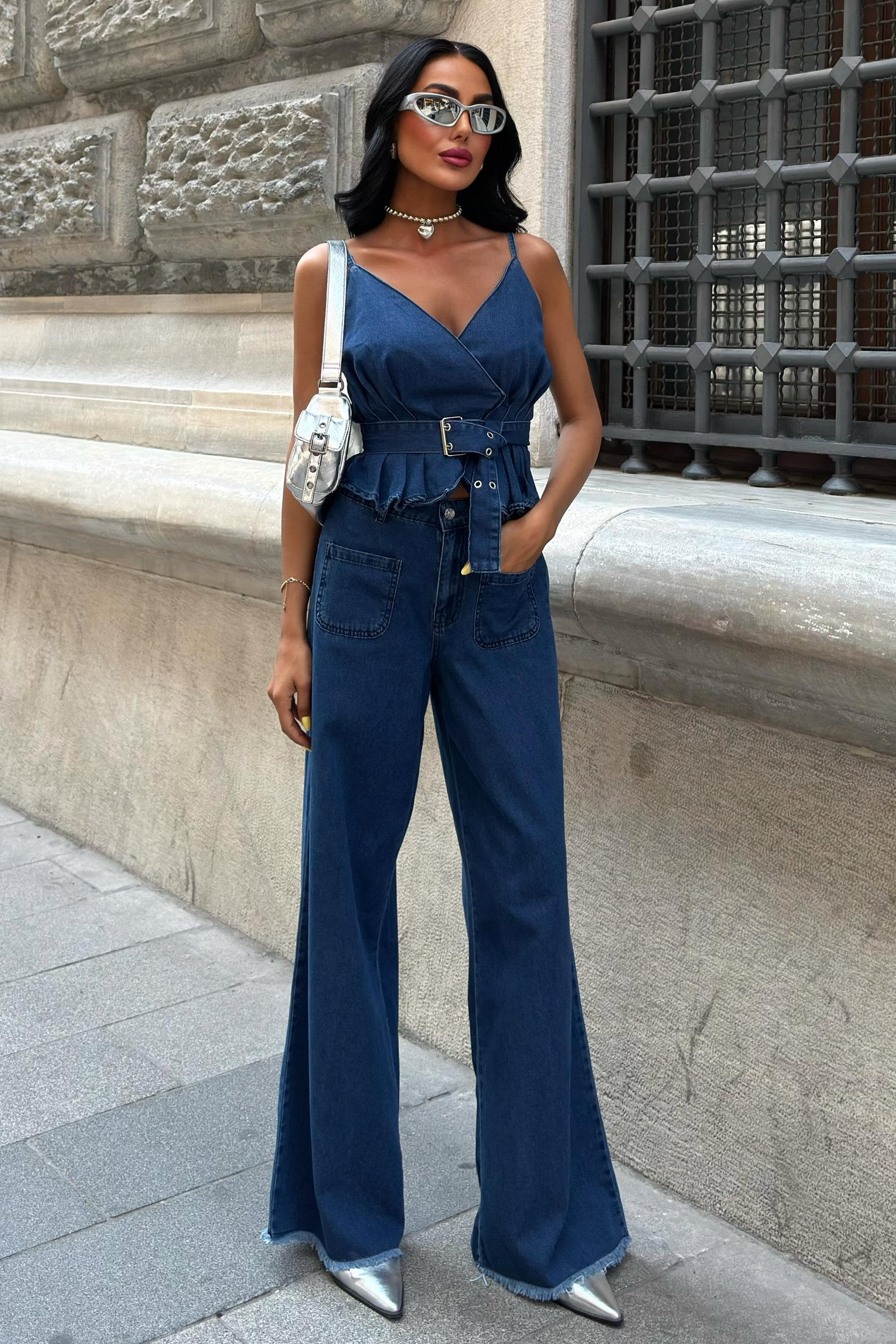 S5Y10166Kalın Kemer Detaylı Denim Takım 10166