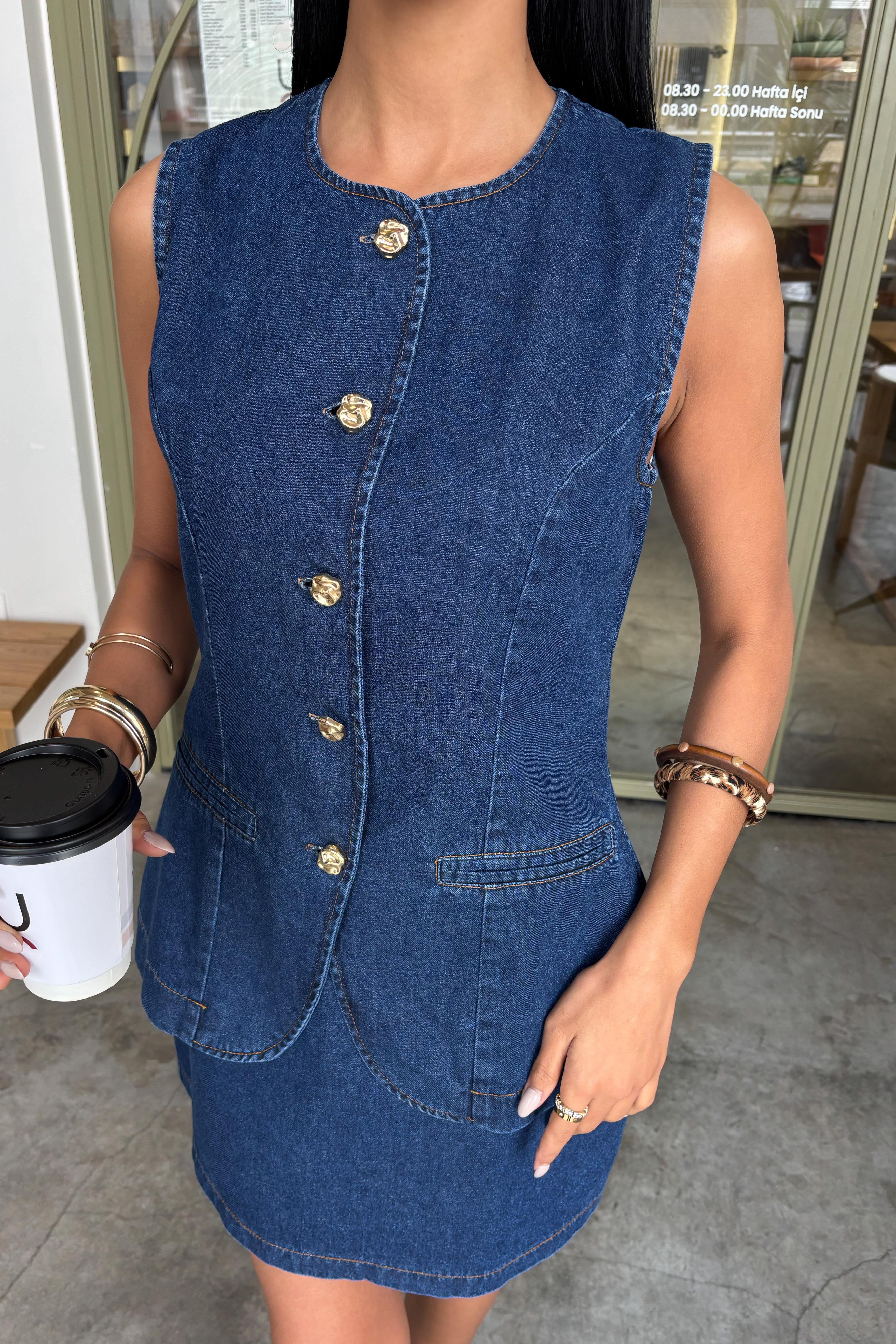 S5Y10164Kolsuz Yelekli Mini Etekli Denim Takım 10164