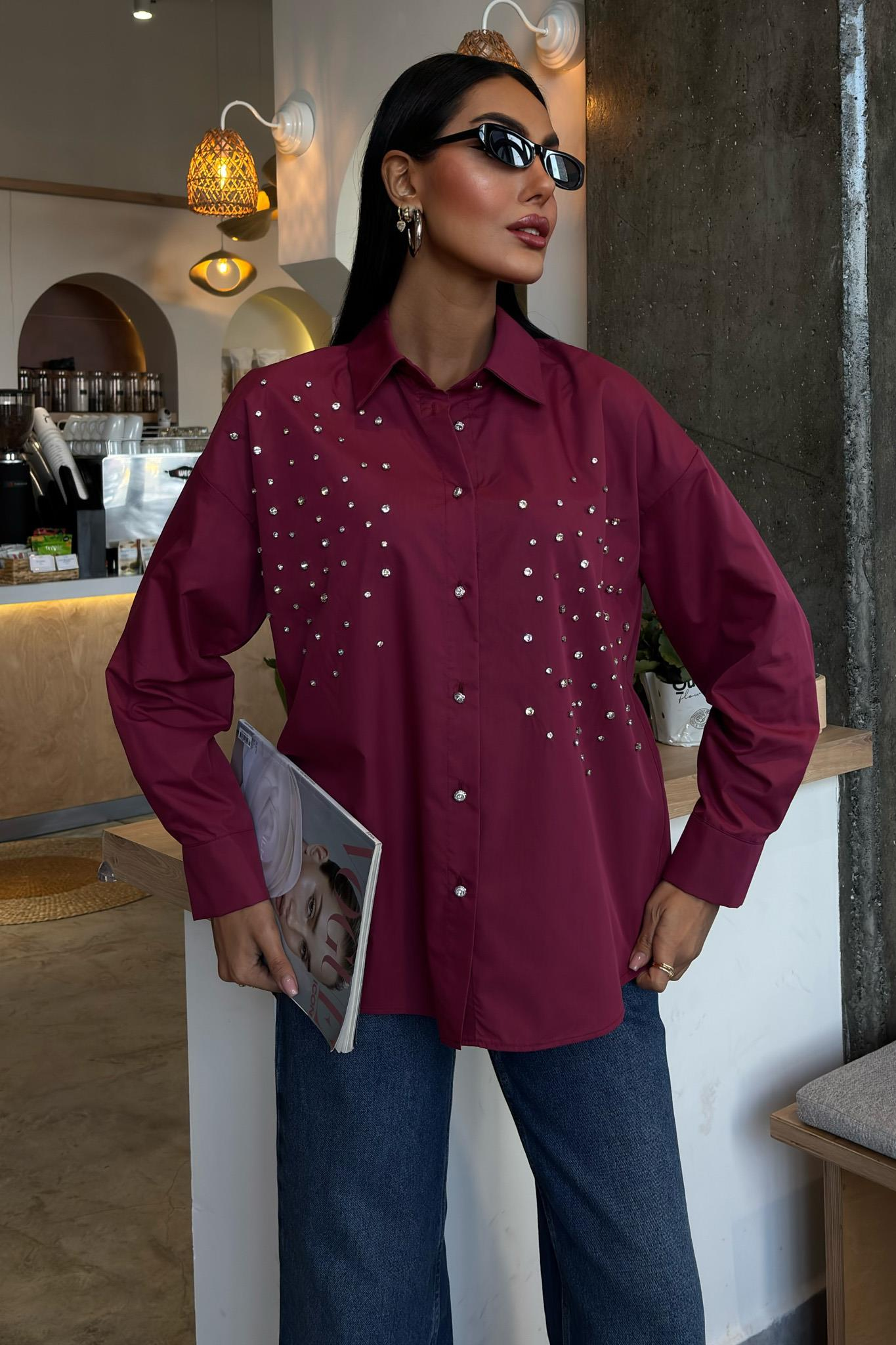 S5Y3413Kristal Taş Çakımlı Poplin Gömlek 3413