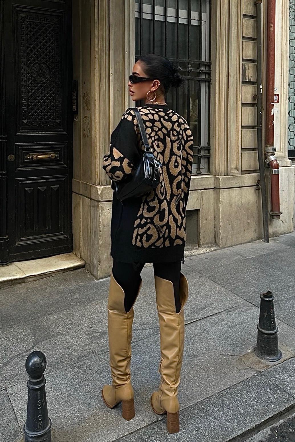 S5K1344Leopard Patterned Ripped Detailed Sweater 1344