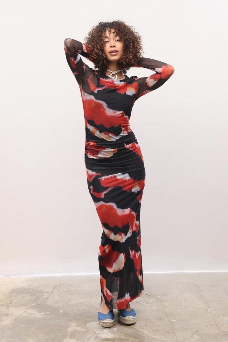 S4Y2672Önü Büzgülü Batik Desenli Tül Elbise 2672-8