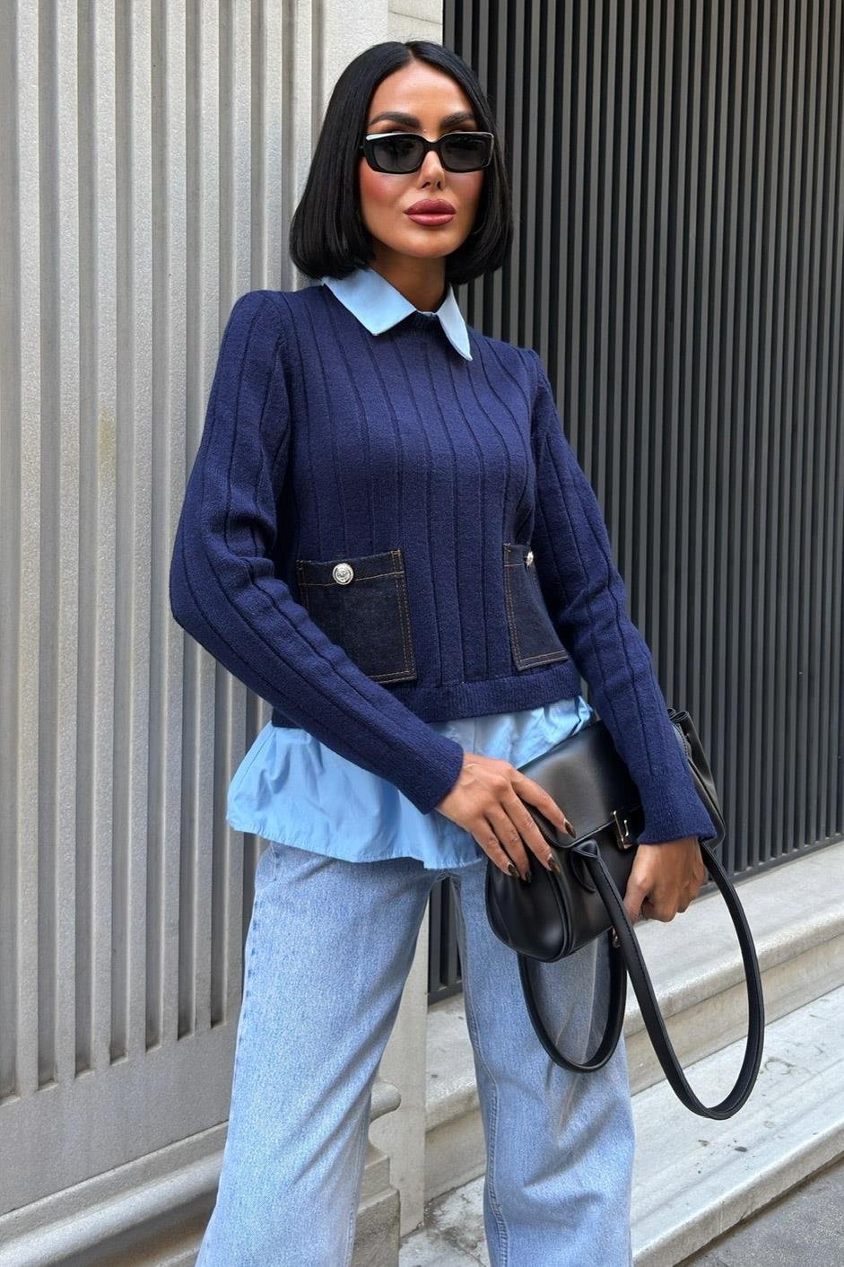 S6K1374Poplin ve Denim Garnili Triko Kazak 1374