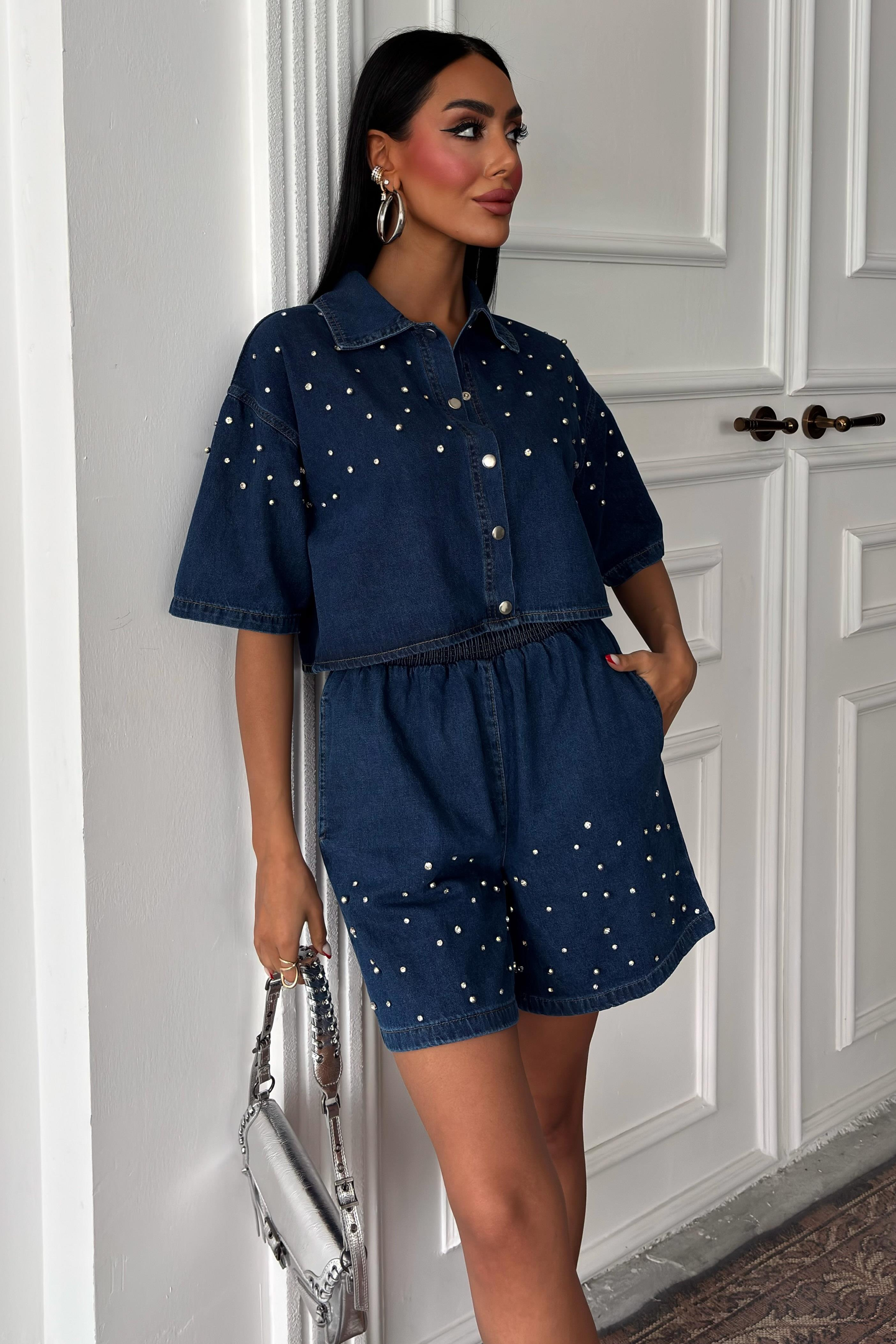 S5Y10175Taş Detaylı Gömlek Şort Denim Takım 10175