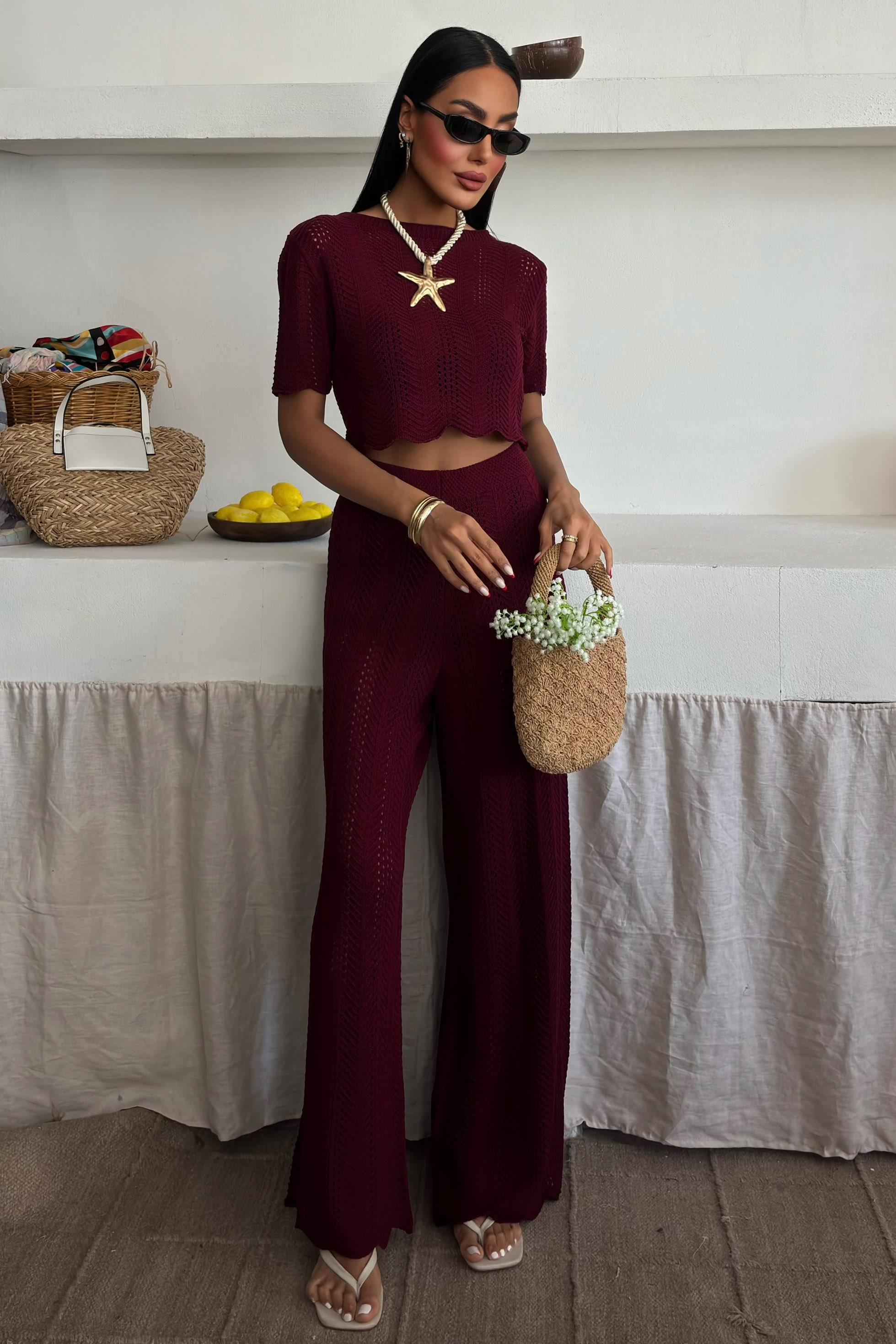 S5Y10084Knitted Blouse Trousers Two Piece Set 10084-025