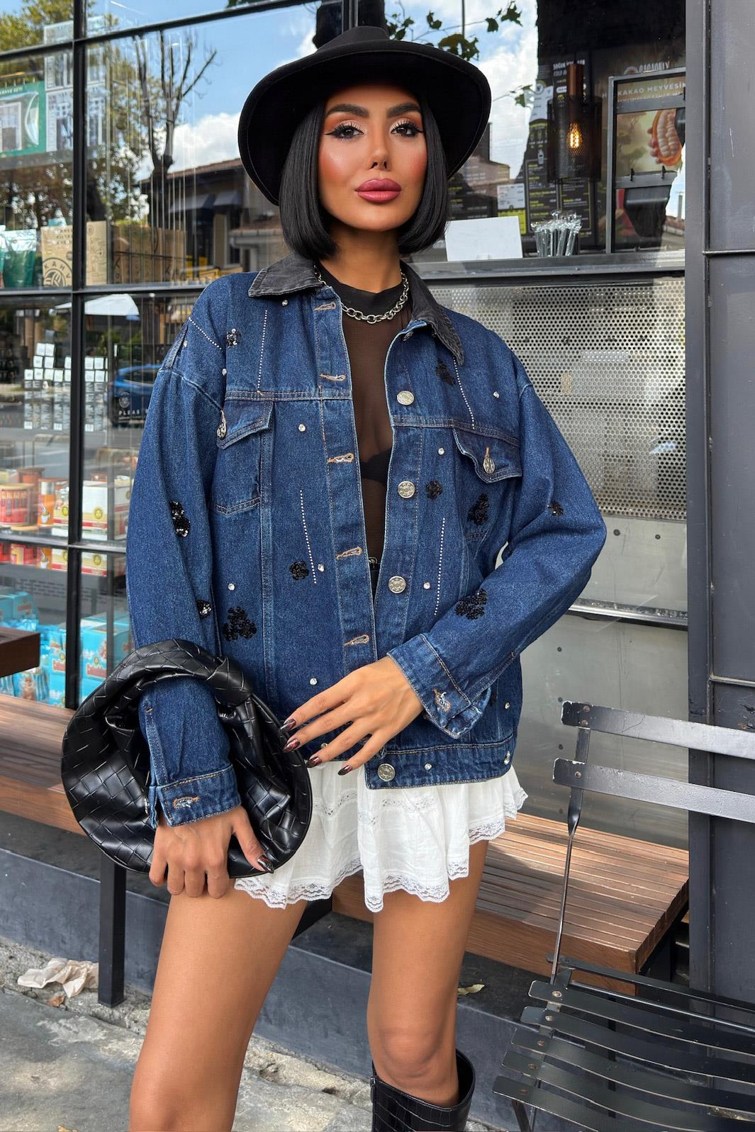 S5Y6125Yaka Siyah Garni Pul Payet Taşlı Oversize Denim Ceket 6125