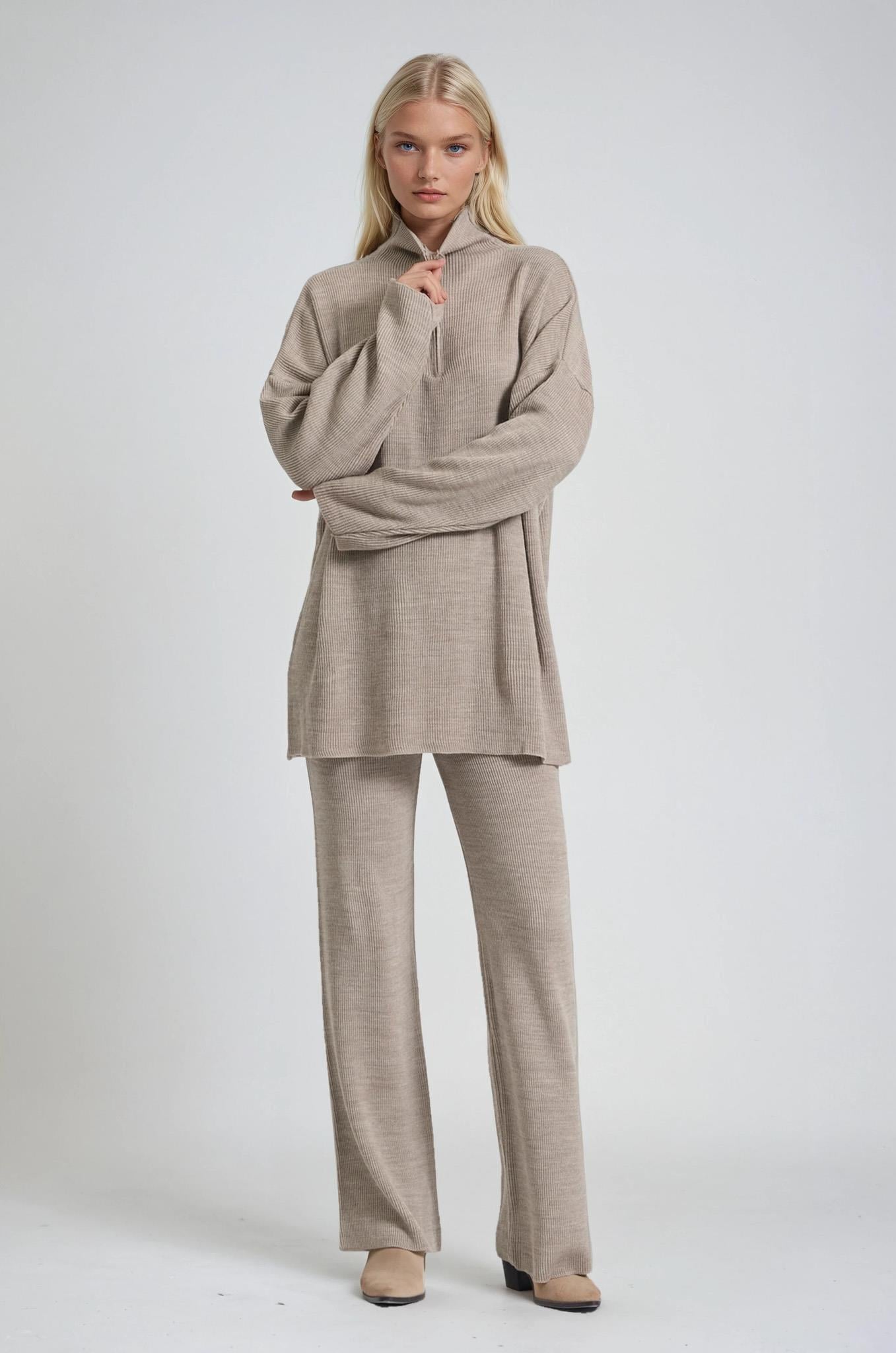 S6K10318CHZip Yaka Uzun Triko Tunik & Bol Paça Pantolon Takım 10318
