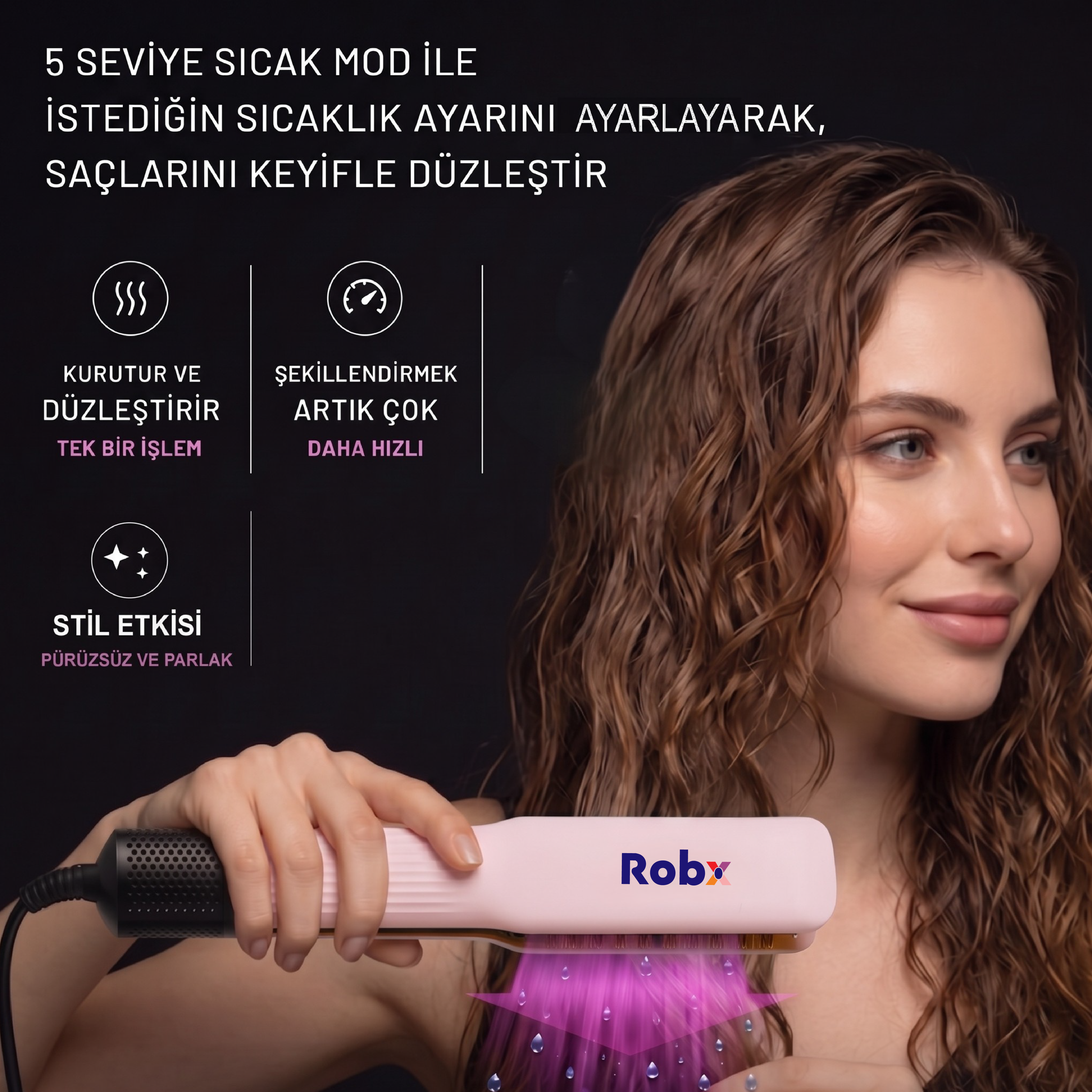 Robx Airflow Islak Ve Kuru Hava Üflemeli Saç Düzleştirici Pembe 