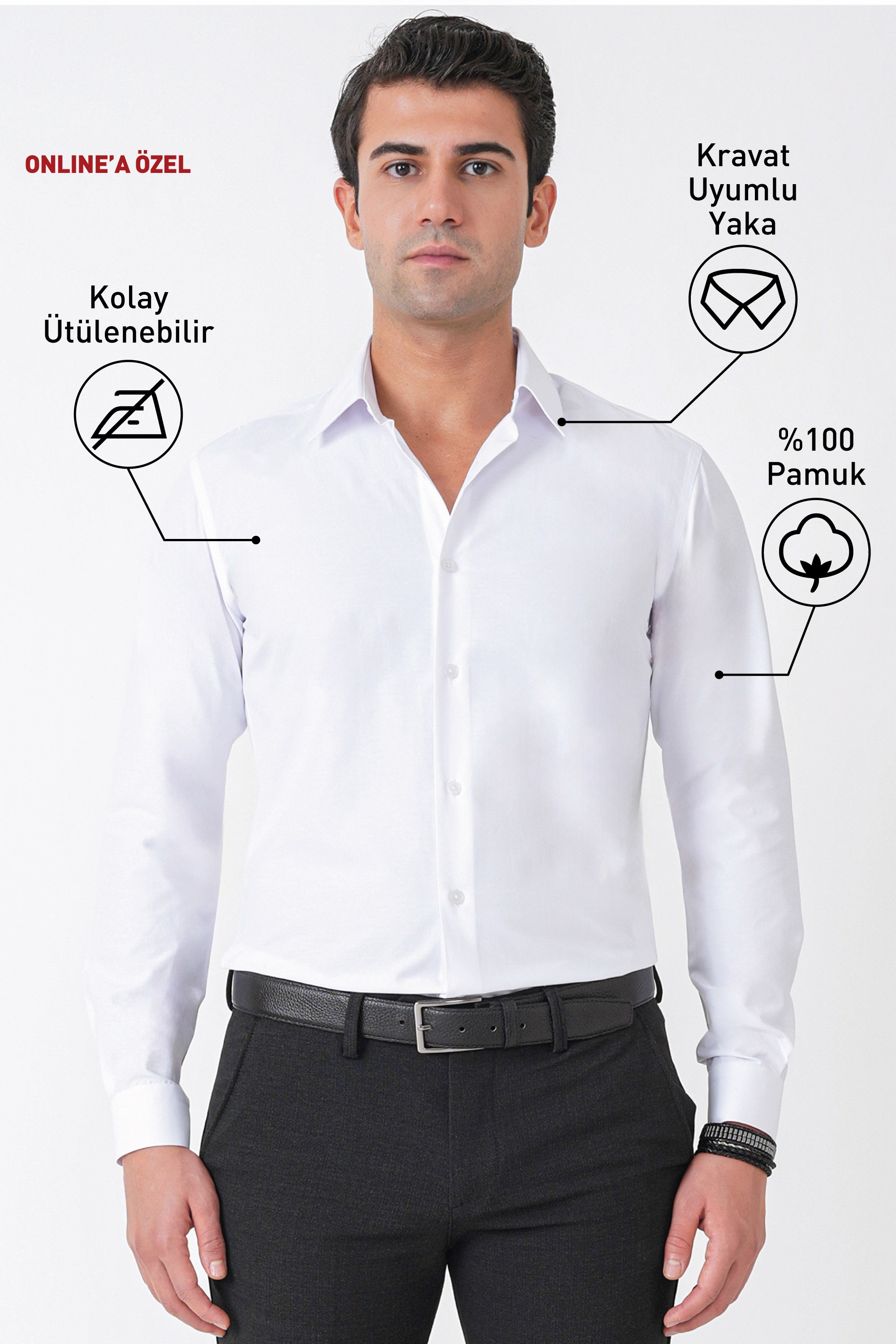 Beyaz %100 Pamuklu Nefes Alabilir Kolay Ütülenebilir Uzun Kollu Slim Fit Gömlek GK 766