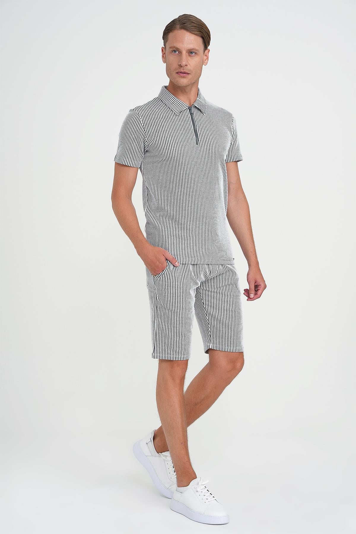 Comfort Fit Bağcıklı Bel Çizgili Pamuk Casual Siyah Şort Bermuda 038 