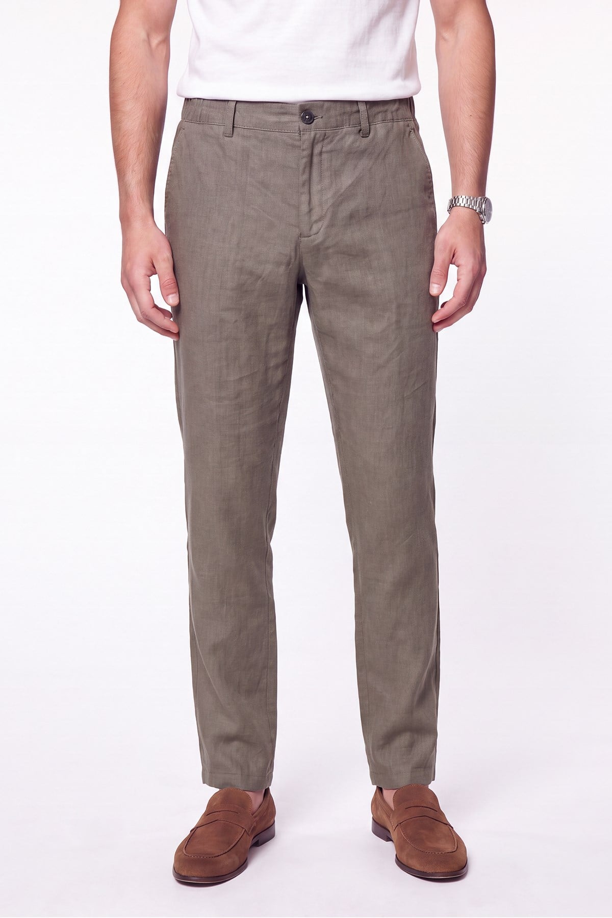 Comfort Fit Beli Lastikli %100 Keten Haki Pantolon P 1215