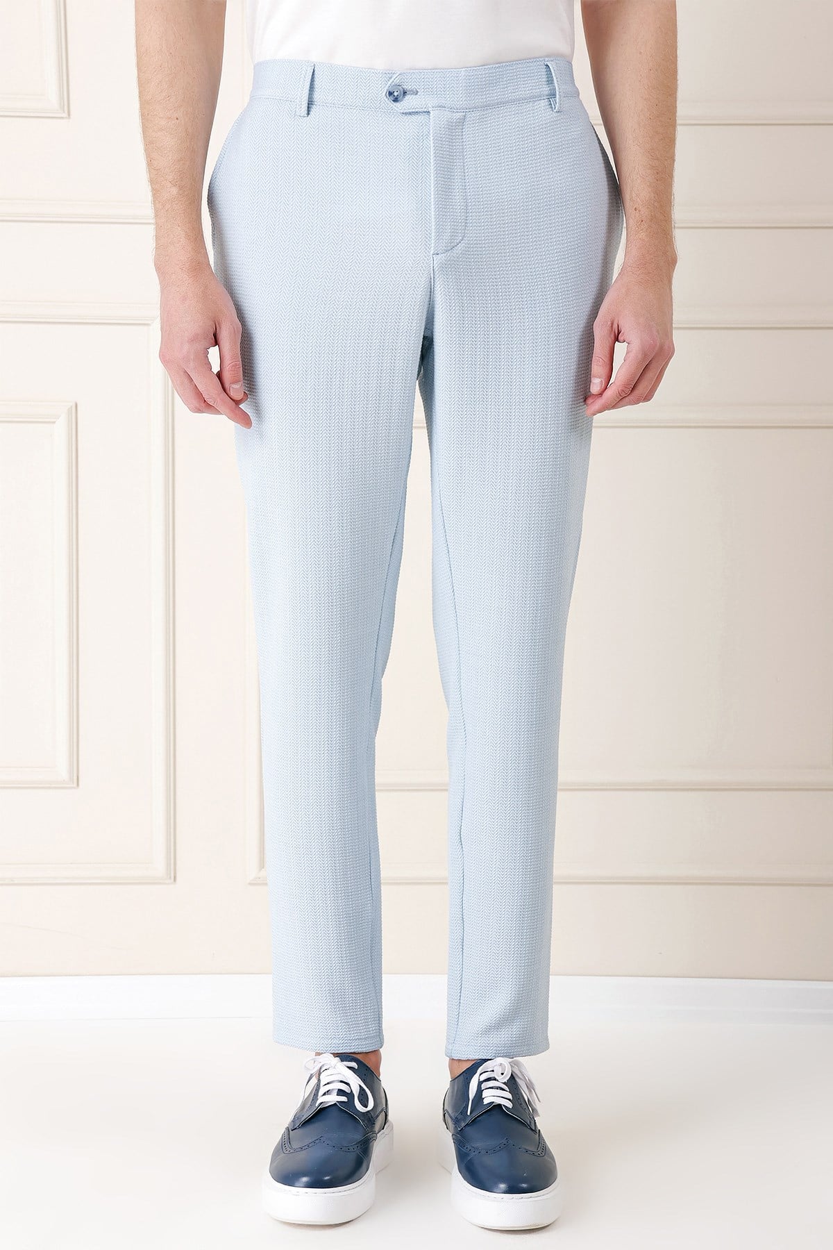Comfort Fit Beli Lastikli Balıksırtı Dokuma Pamuklu Mavi Pantolon P 1155