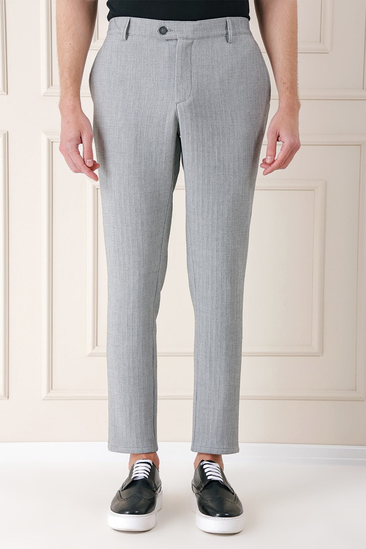 Comfort Fit Beli Lastikli Balıksırtı Dokuma Pamuklu Gri Pantolon P 1155