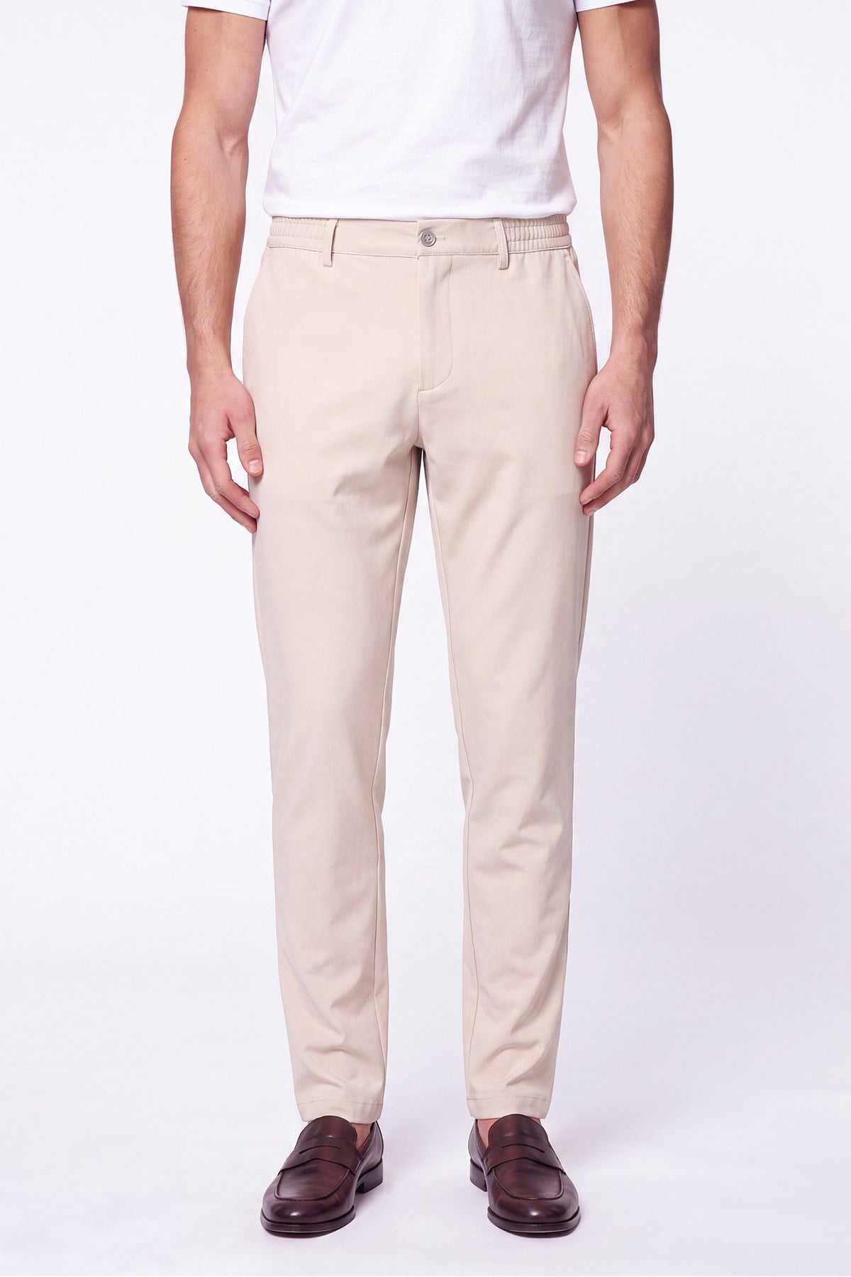 Comfort Fit Beli Lastikli Esnek Pamuk Bej Jogger Pantolon P 1222