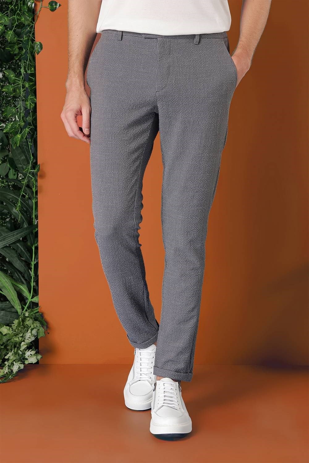 Comfort Fit Beli Lastikli Pötikareli Casual Füme Pantolon P 1149