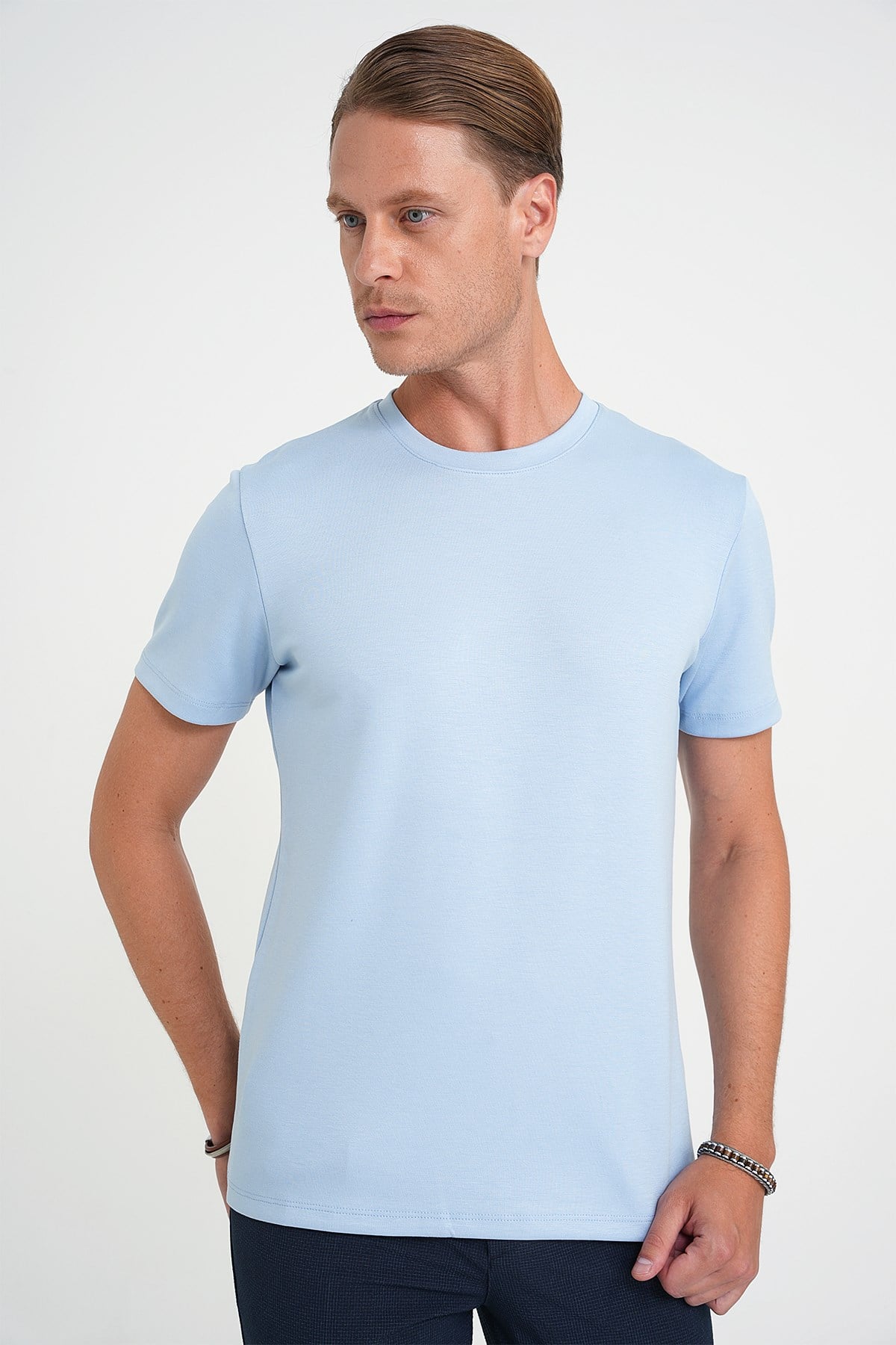 Comfort Fit Bisiklet Yaka %97 Esnek Pamuklu Mavi Tişört TS 885