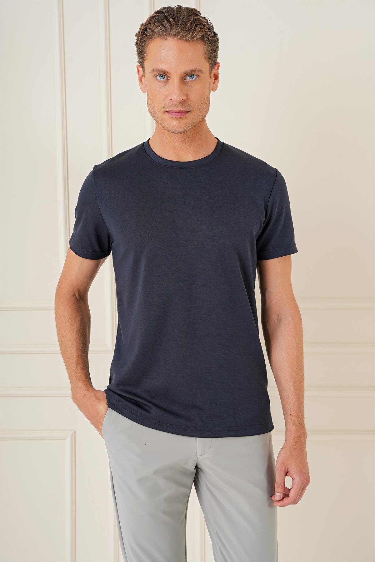 Comfort Fit Bisiklet Yaka Esnek Pamuk Casual Lacivert Tişört Ts 885