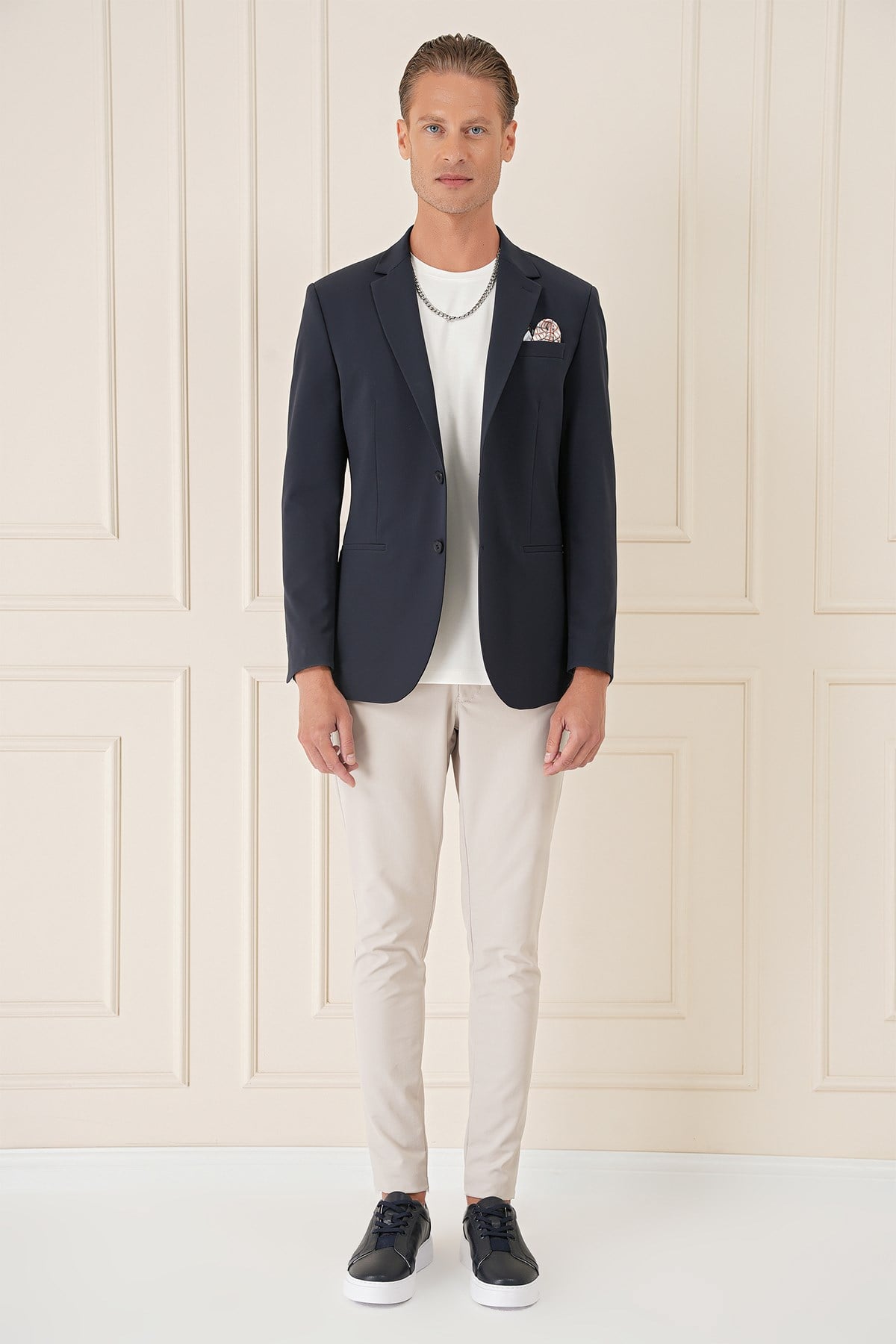 Comfort Fit Çift Yırtmaç Fleto Cep Esnek Pamuk Casual Lacivert Ceket C 675