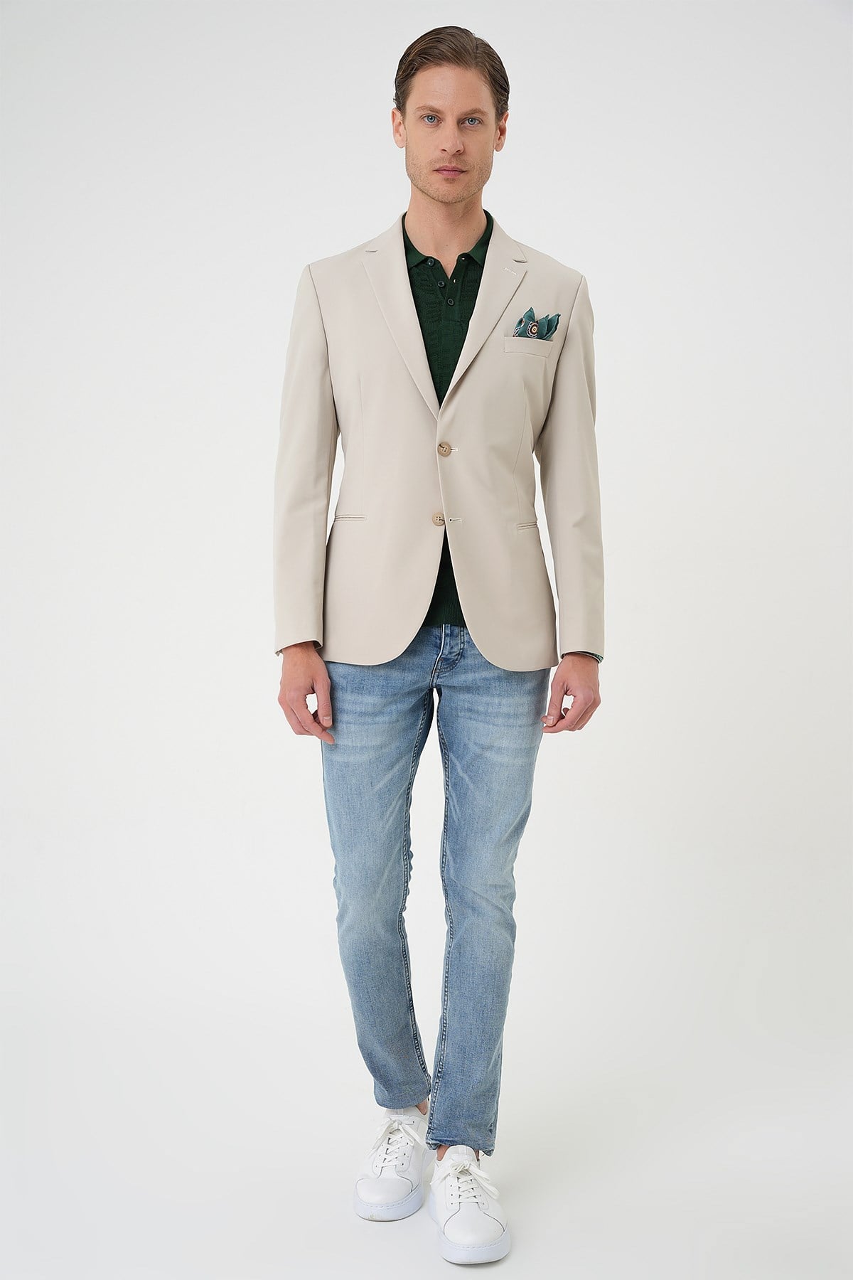 Comfort Fit Çift Yırtmaç Fleto Cep Esnek Pamuk Casual Kum Ceket C 675