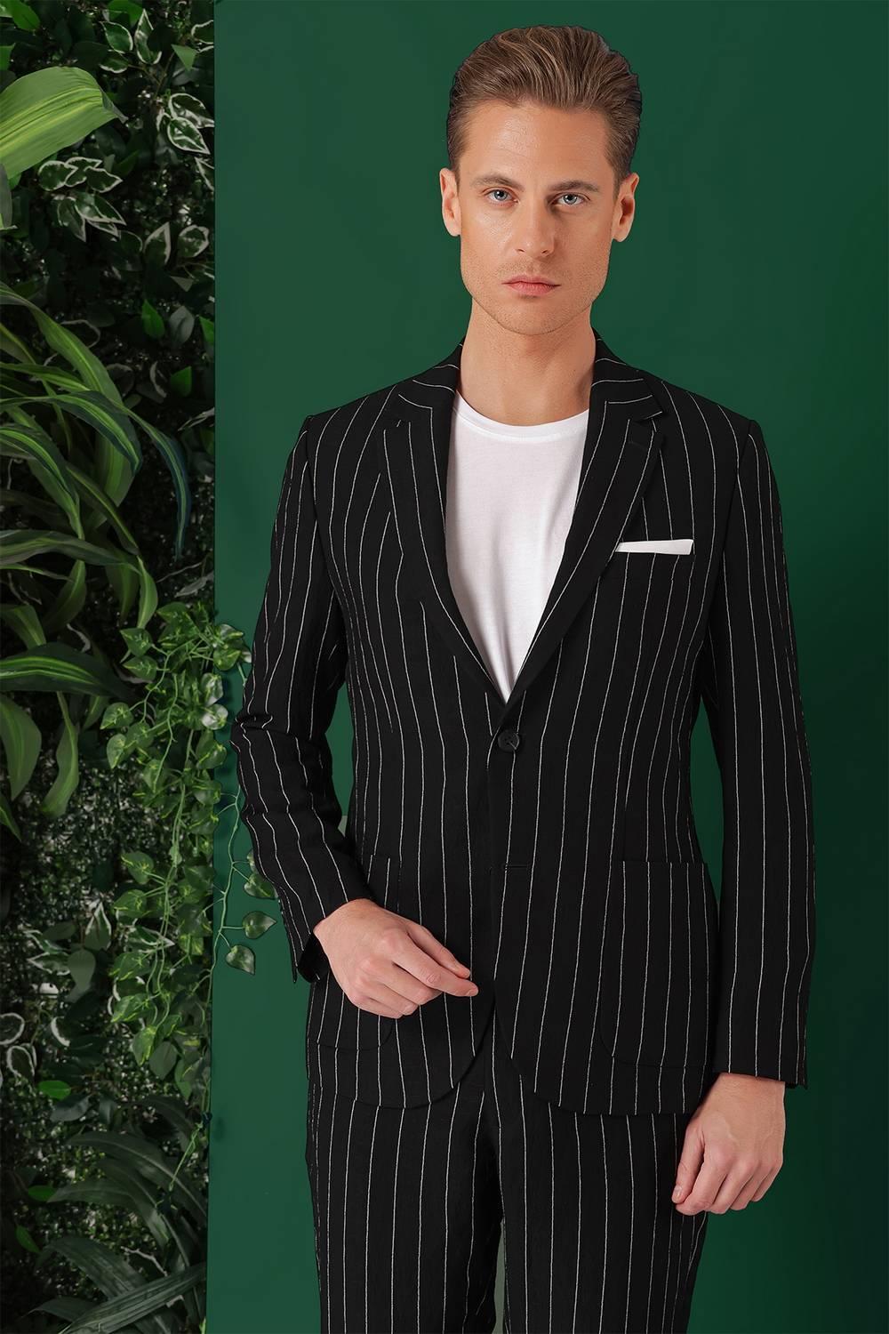 Comfort Fit Çift Yırtmaç İtalyan Çizgili Keten Casual Siyah Ceket C 671