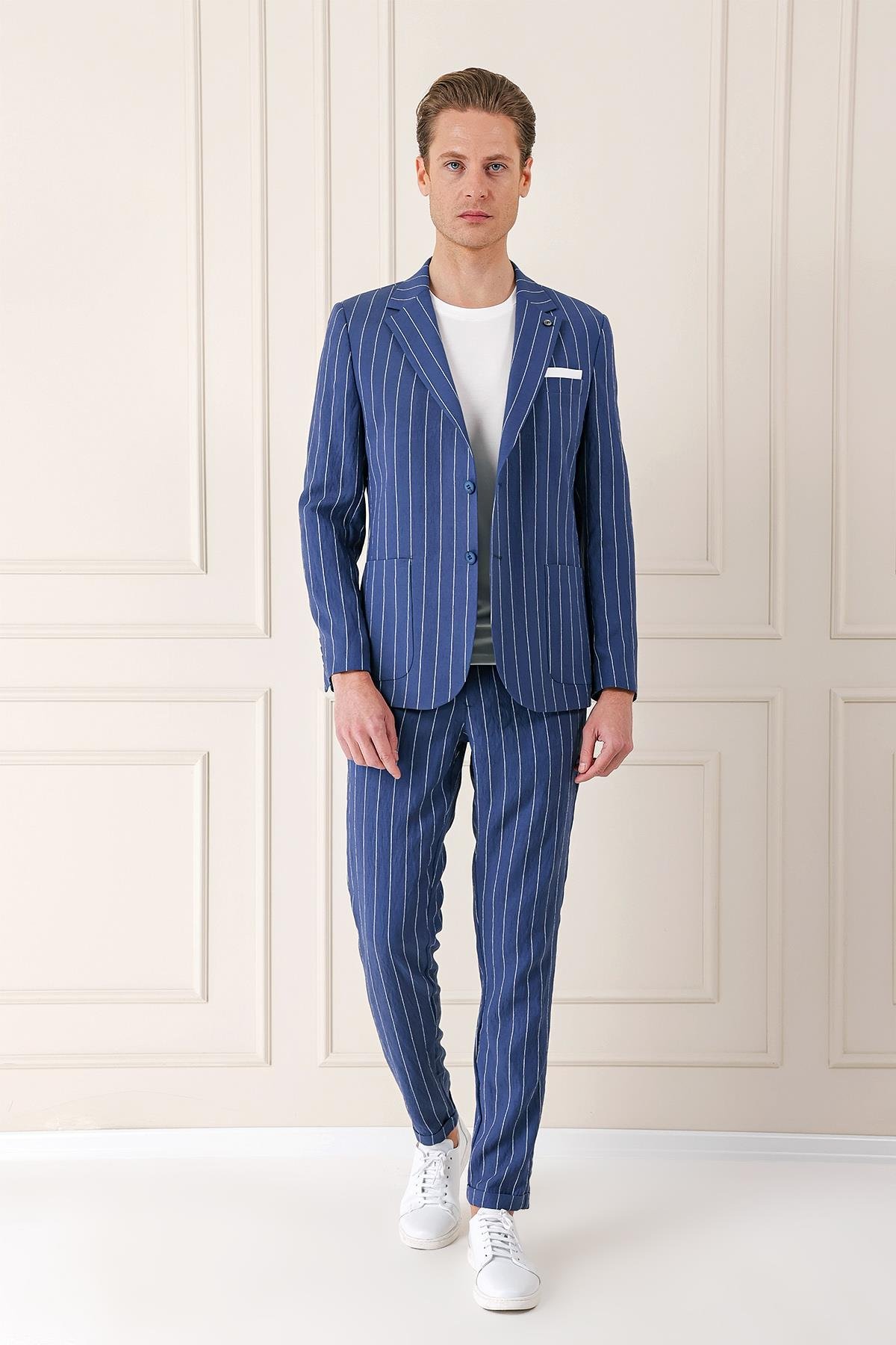 Comfort Fit Çift Yırtmaç İtalyan Çizgili Keten Casual İndigo Ceket C 671