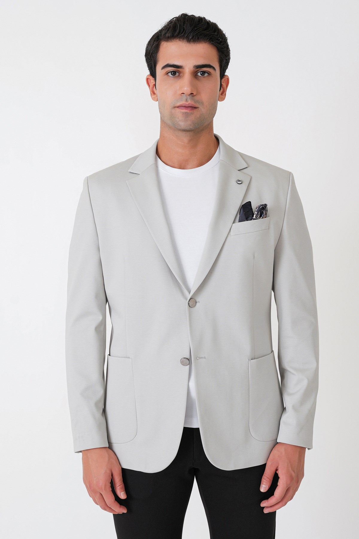 Comfort Fit Çift Yırtmaç Torba Cep Metal Düğmeli Gri Blazer Ceket C 734