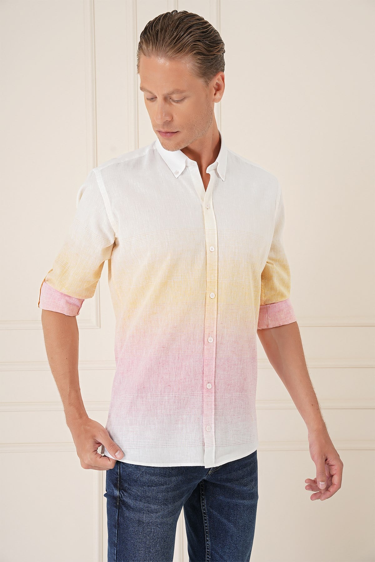 Comfort Fit Degrade Desen Apoletli %100 Keten Pembe Gömlek G 1572