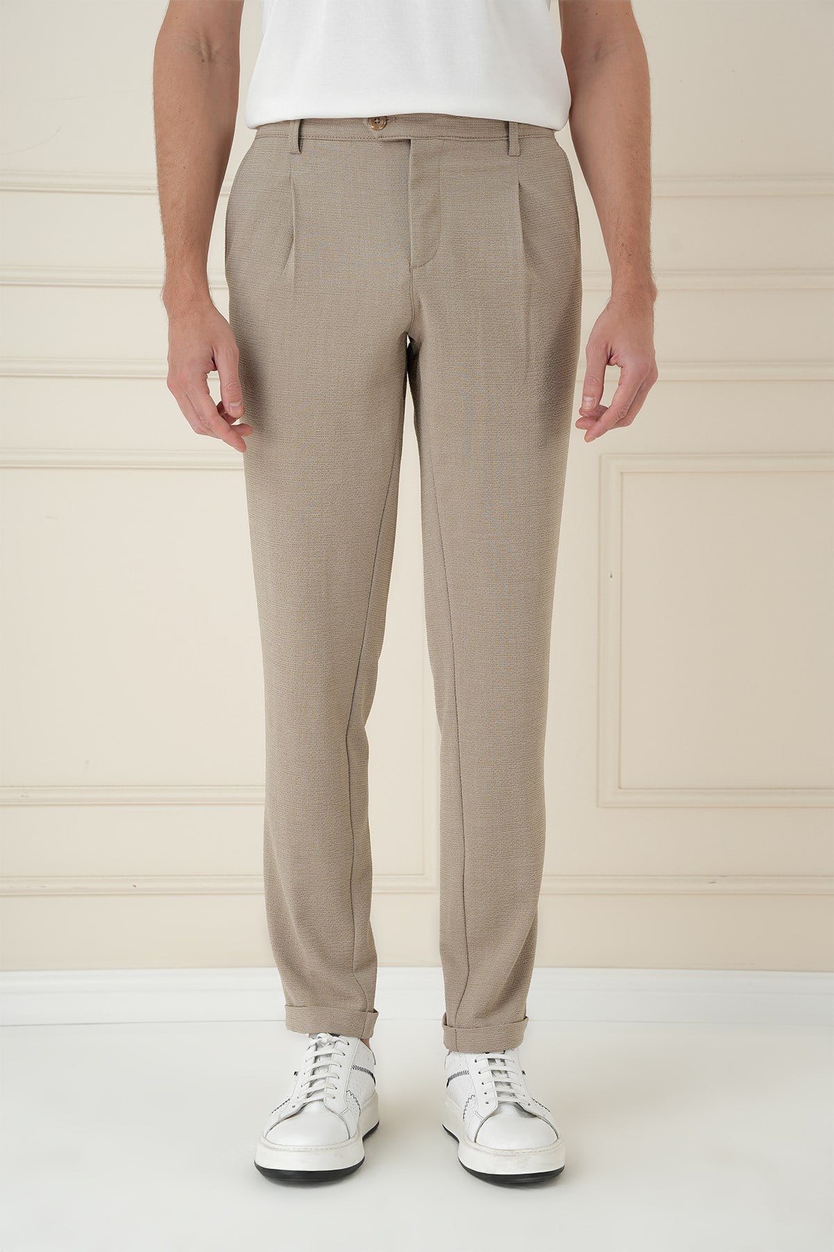 Comfort Fit Gofre Dokulu Beli Lastikli Pileli Bej Jogger Pantolon P 1174