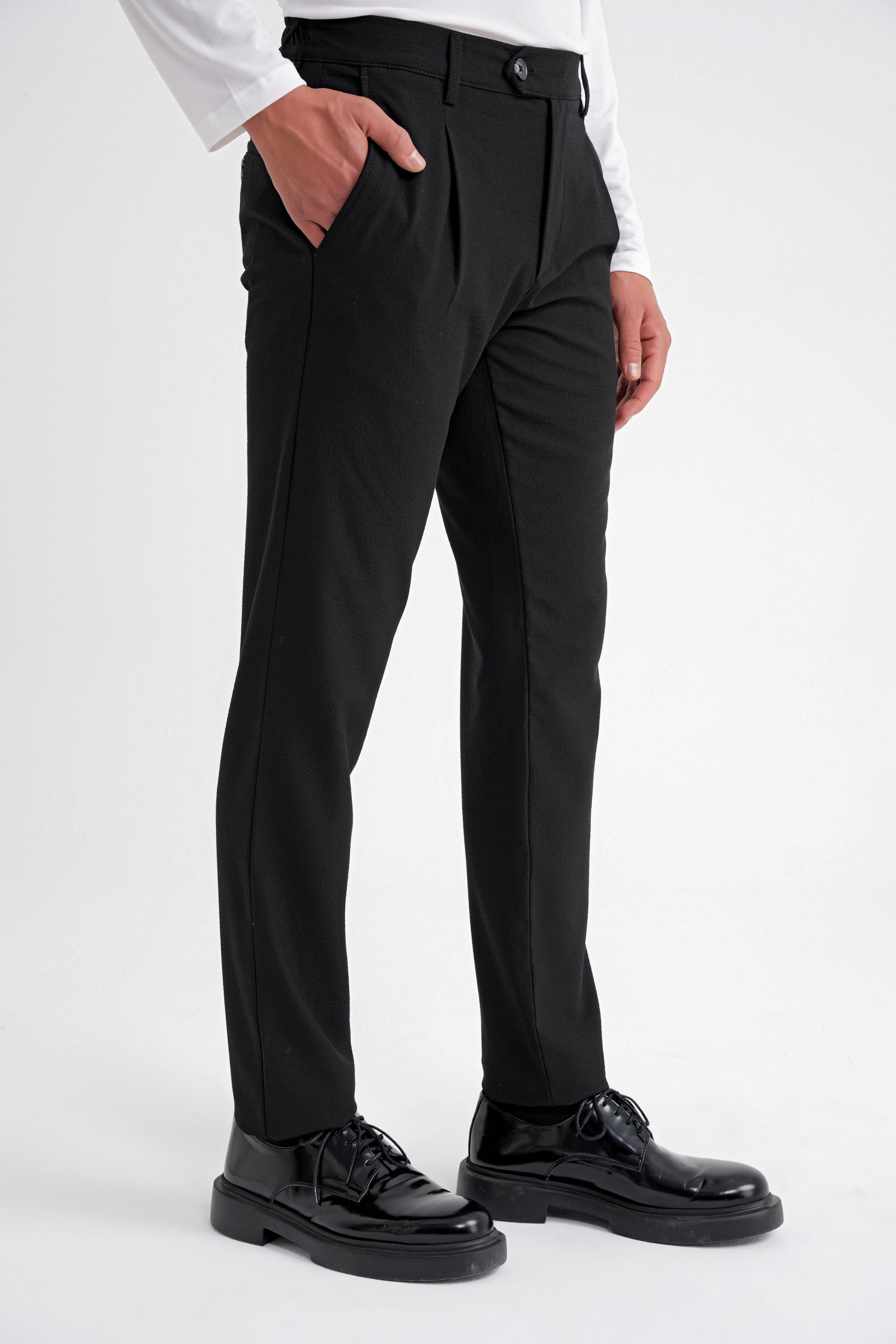 Comfort Fit Gofre Dokulu Beli Lastikli Pileli Siyah-1 Jogger Pantolon P 1174