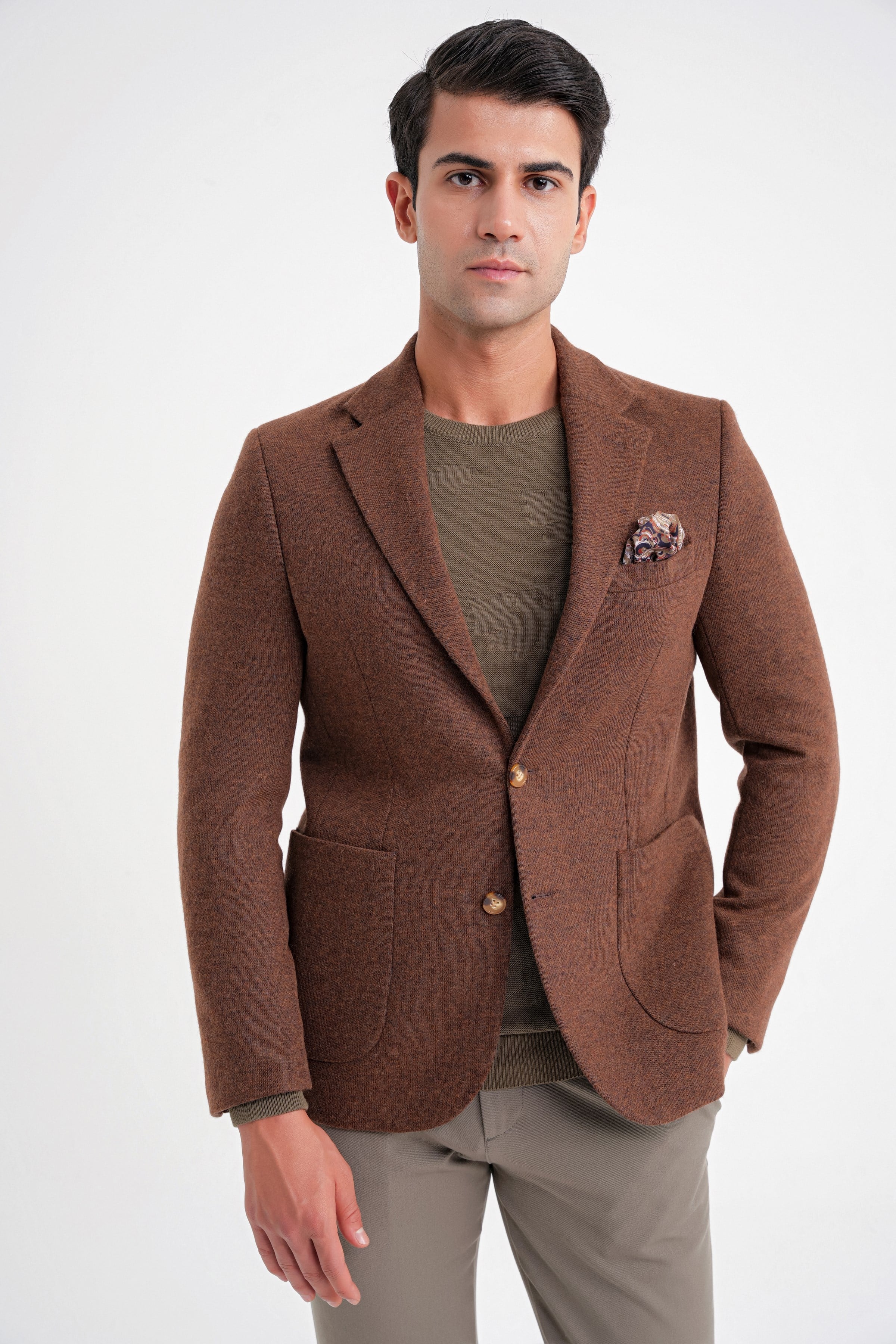 Comfort Fit Mono Yaka %100 Yün Tütün Ceket C 717