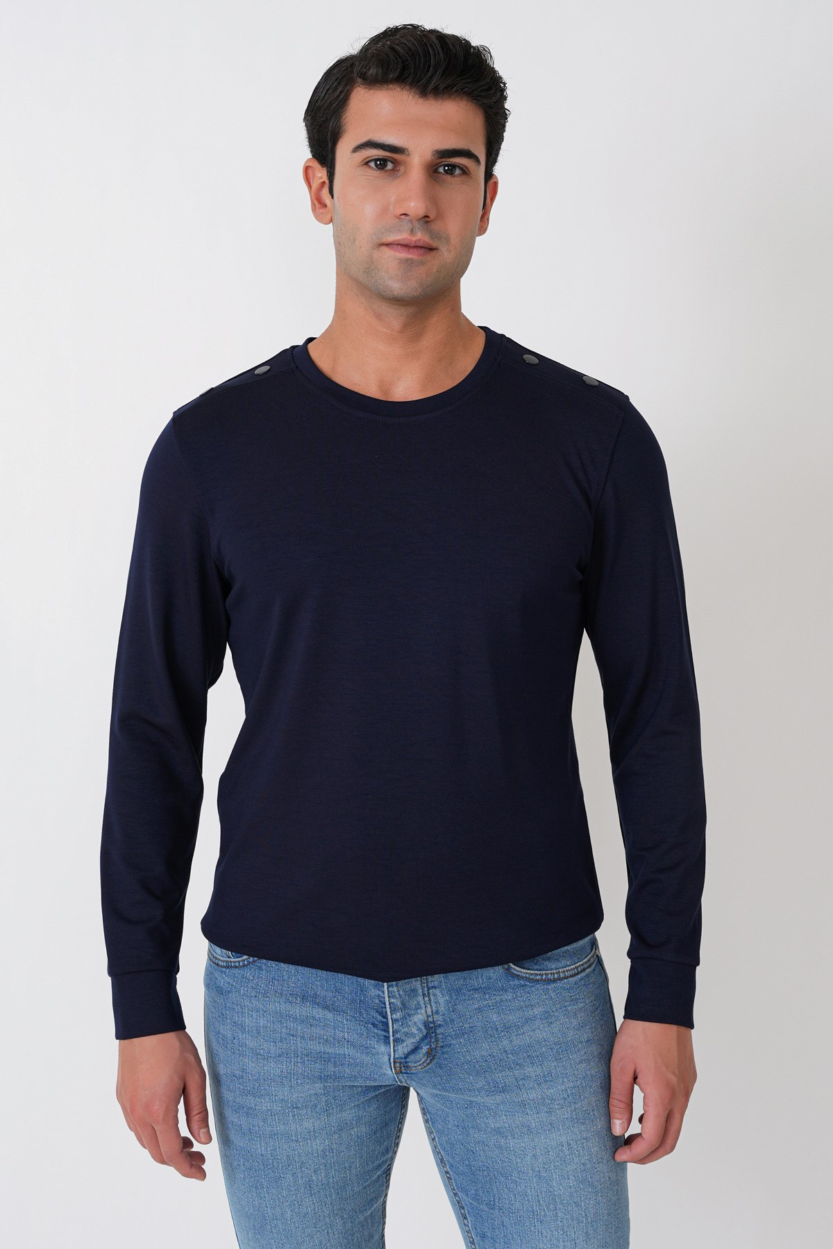 Comfort Fit Omuz Modelli Uzun Kollu Esnek Pamuk Lacivert Tişört TS 933